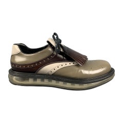 PRADA Taille 8 Chaussures à lacets en cuir perforé gris et marron