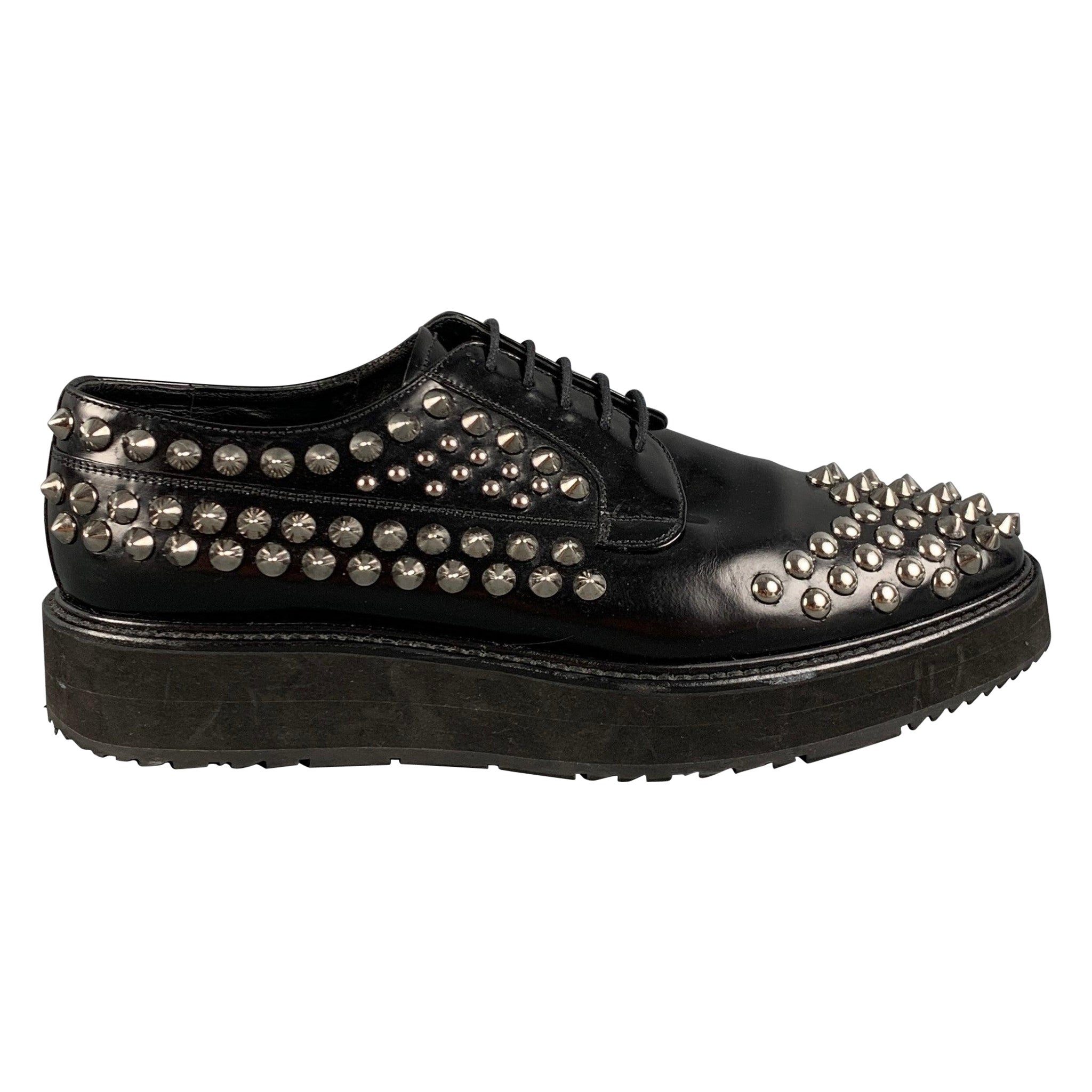 PRADA Size 9 Black Silver Studded Leather Platform Lace Up Shoes For Sale