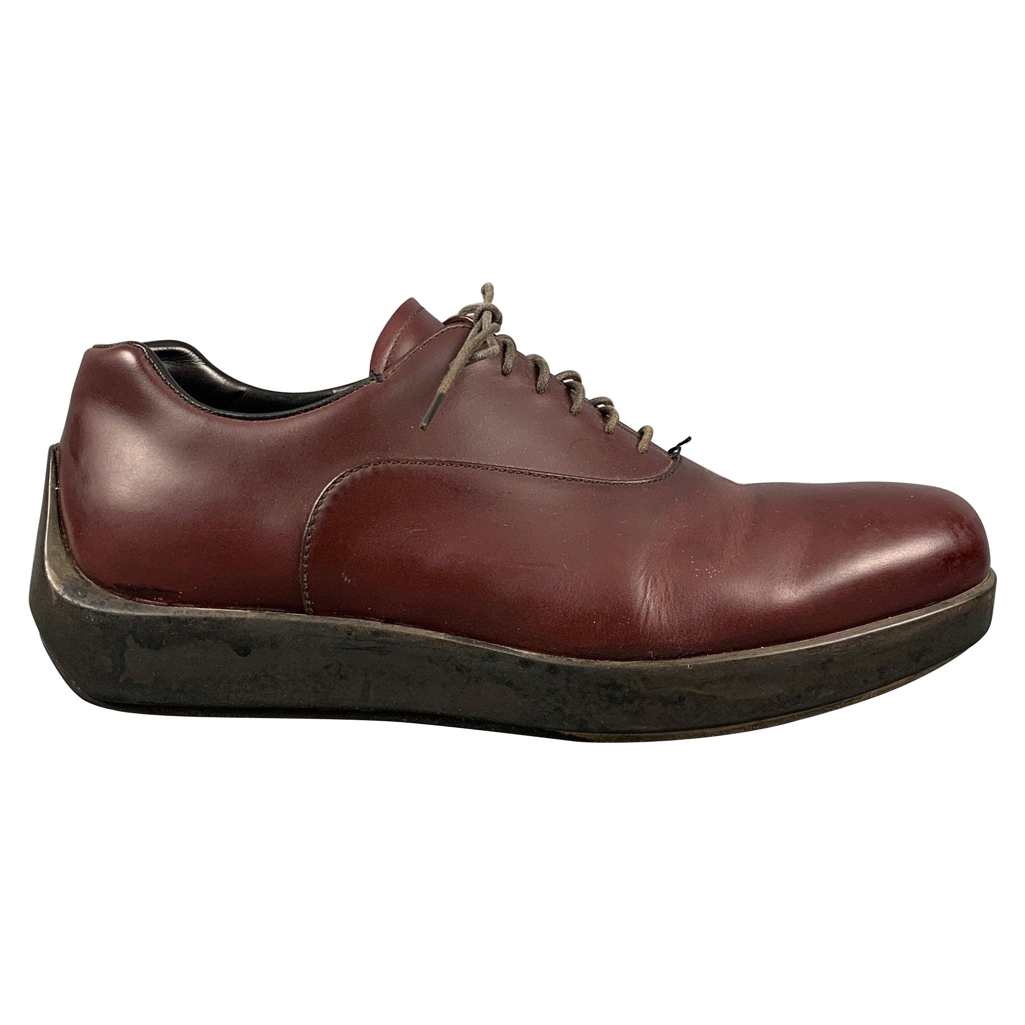 PRADA Size 9.5 Burgundy Leather Platform Lace Up Shoes For Sale