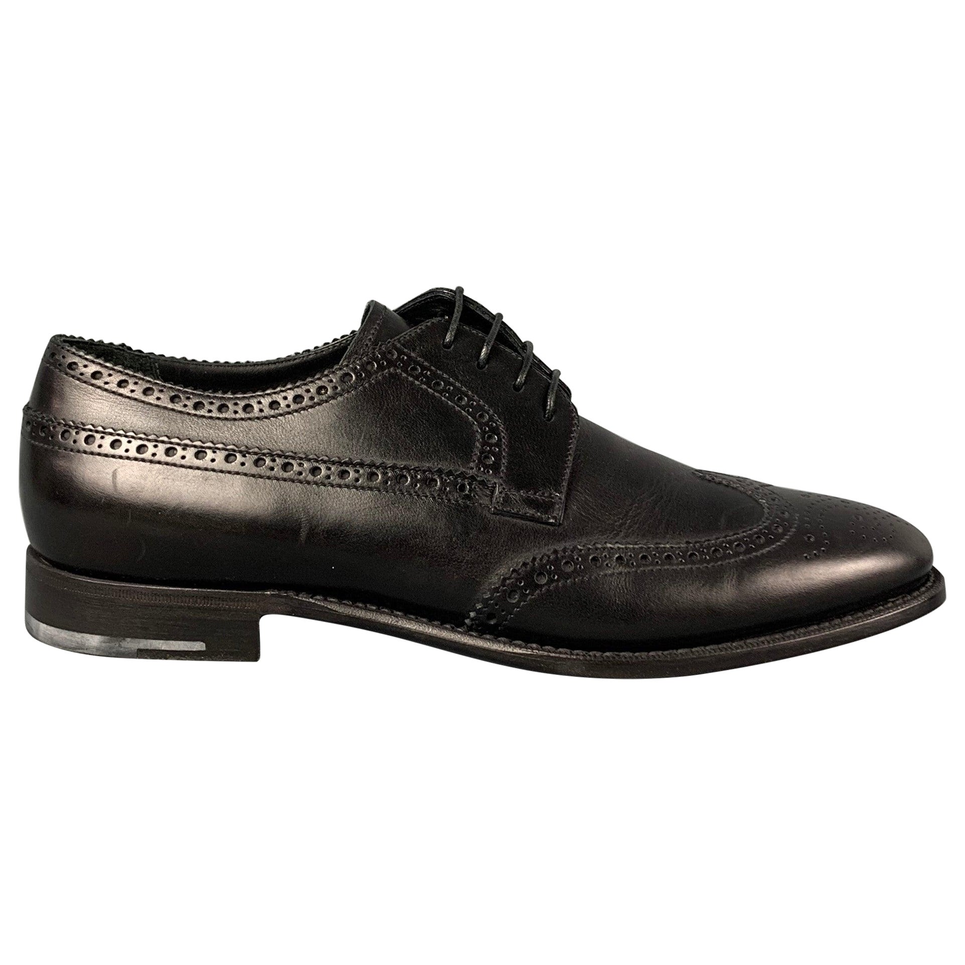 GIORGIO ARMANI Size 10 Black Perforated Leather Wingtip Lace Up Shoes For Sale