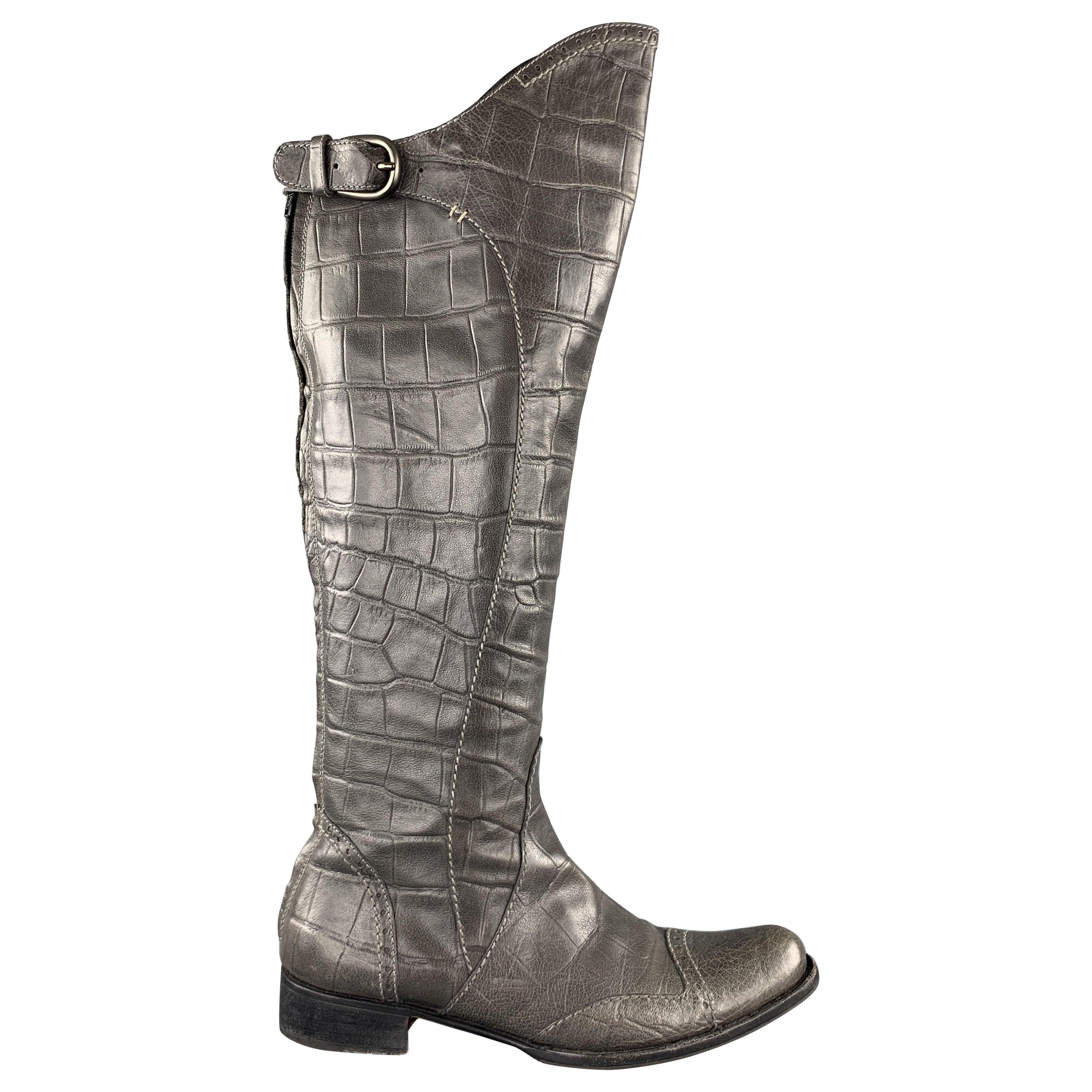 HENRY BEGUELIN Size 8.5 Grey Crocodile Embossed Leather Knee High Boots For Sale