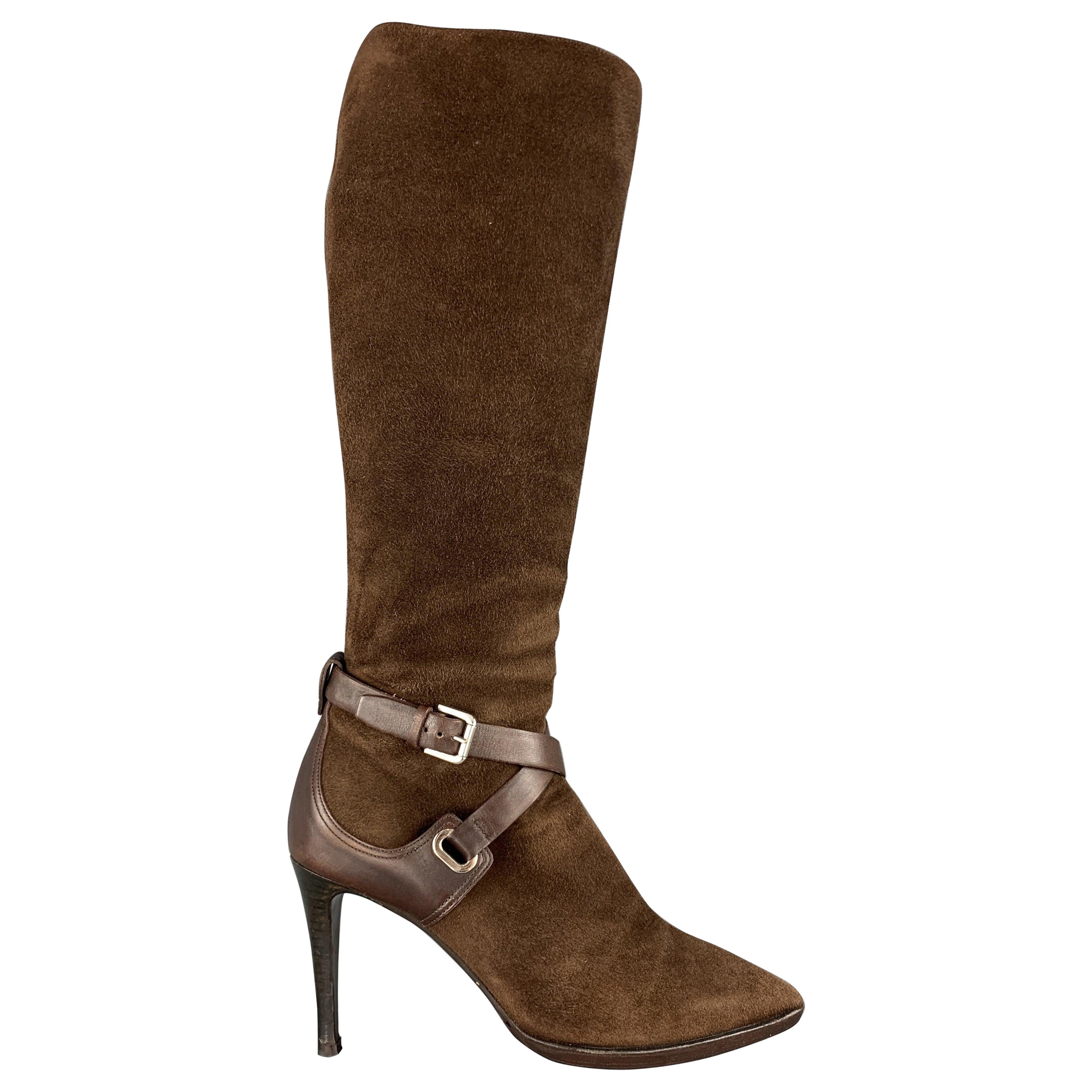 RALPH LAUREN Size 7 Brown Suede Ankle Strap Pointed Calf Boots For Sale