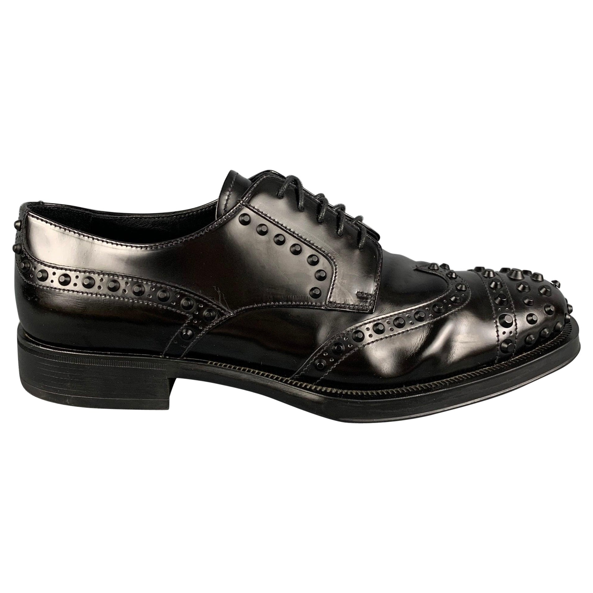 PRADA Size 10.5 Black Studded Leather Lace Up Shoes For Sale