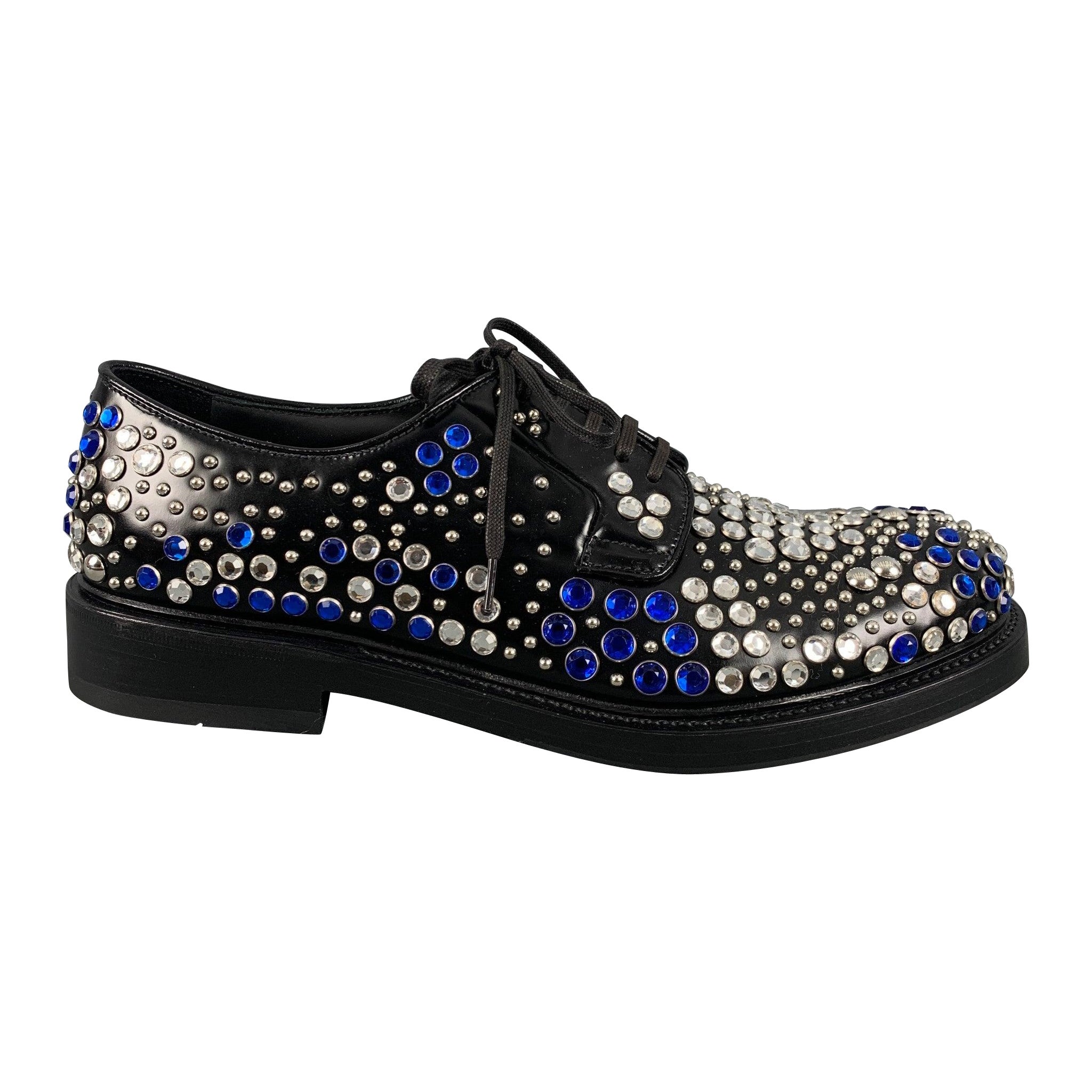 PRADA Size 9 Black Silver & Blue Studded Leather Lace Up Shoes For Sale