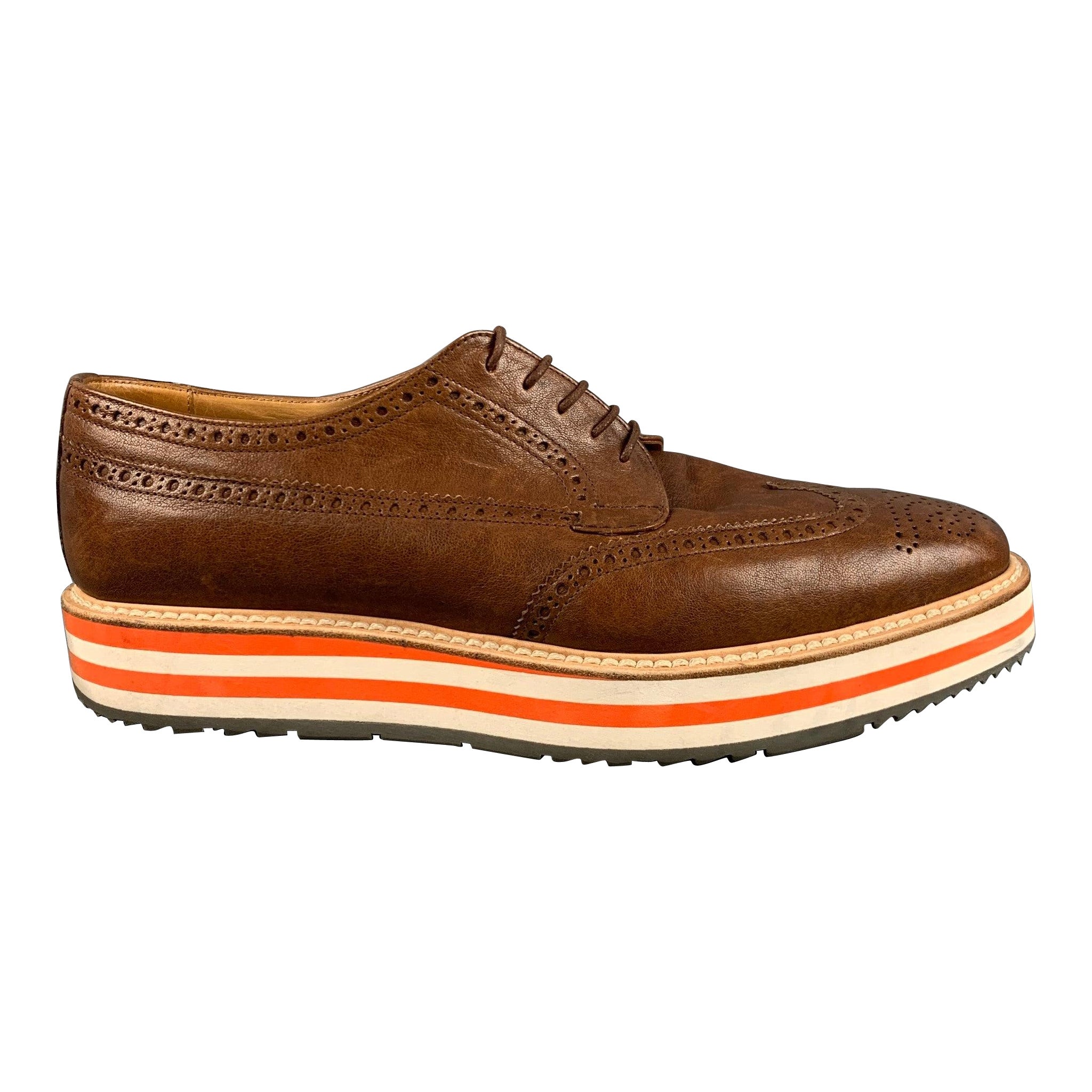 PRADA Size 9.5 Brown Perforated Leather Wingtip Lace Up Shoes For Sale