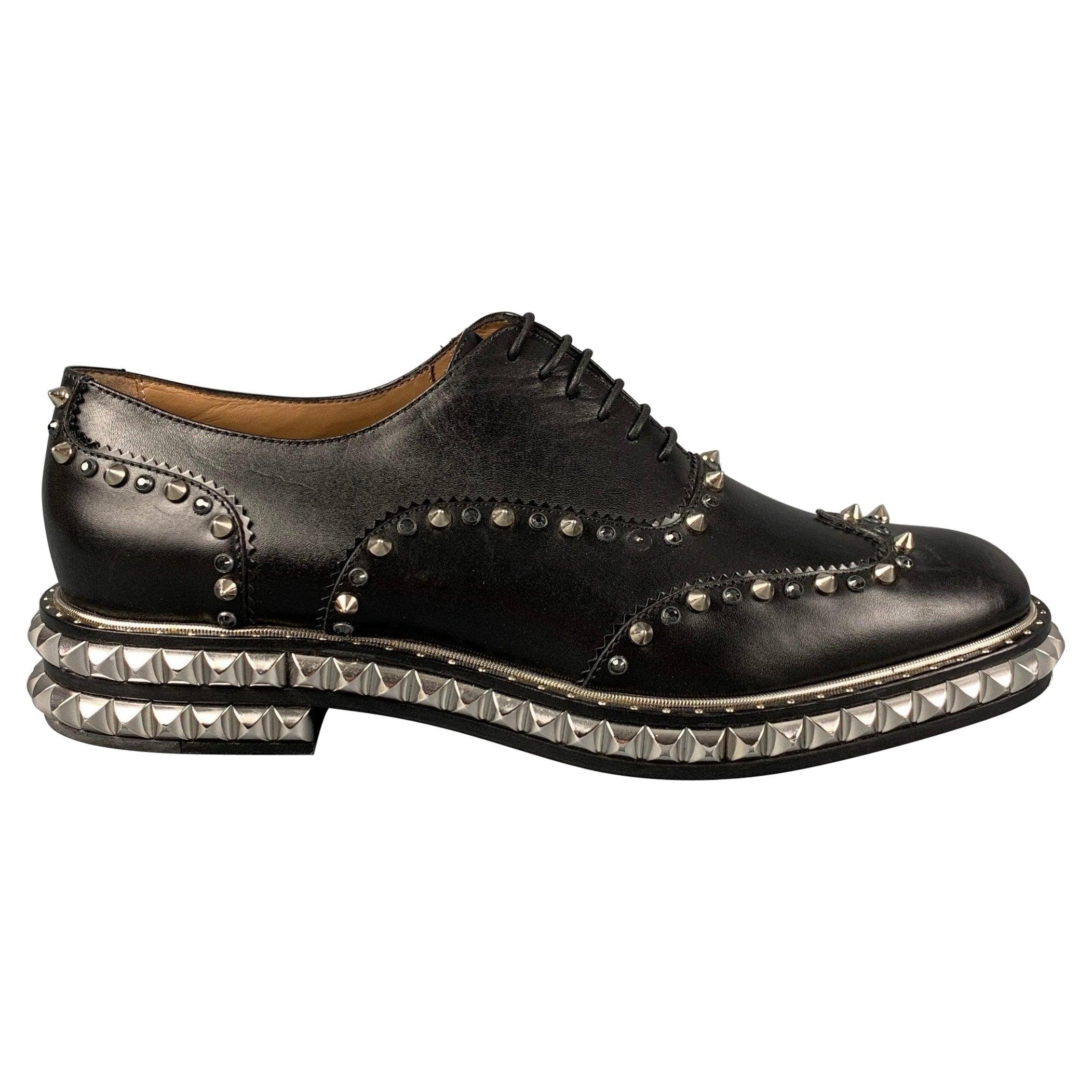 CHRISTIAN LOUBOUTIN Size 8 Black Studded Leather Wingtip Lace Up Shoes For Sale