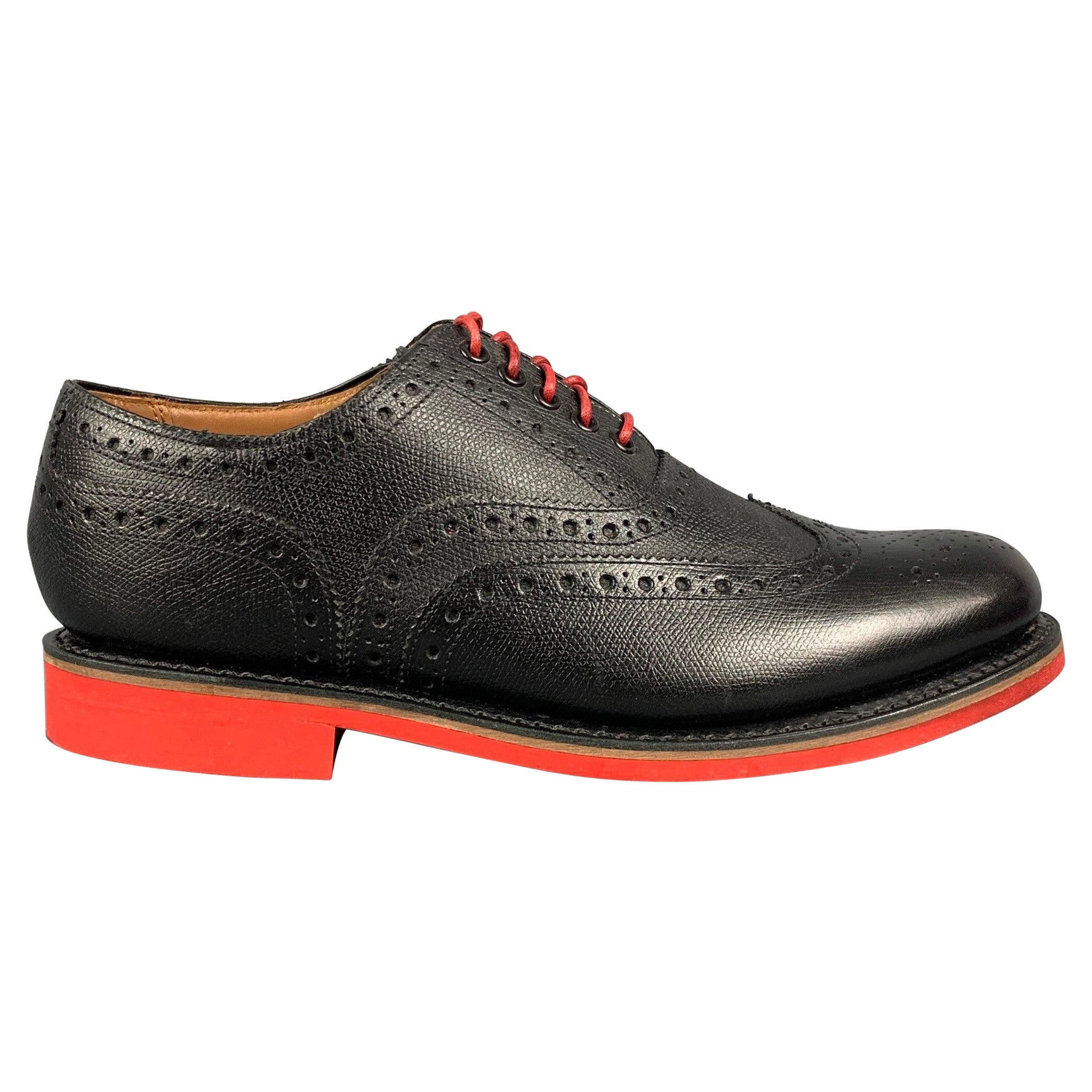 GRENSON Size 8.5 Black & Red Perforated Leather Wingtip Lace Up Shoes For Sale