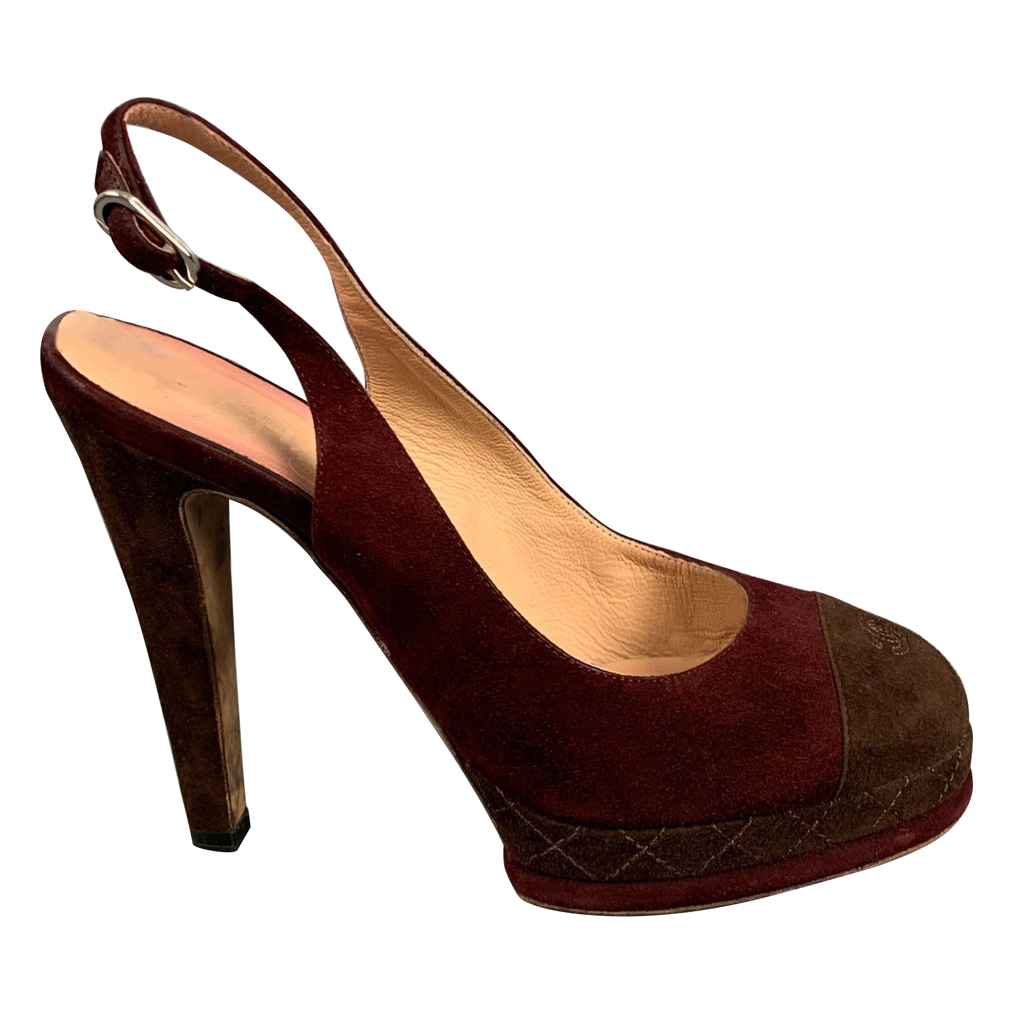 CHANEL Size 7.5 Burgundy Brown Suede Slingback Pumps For Sale