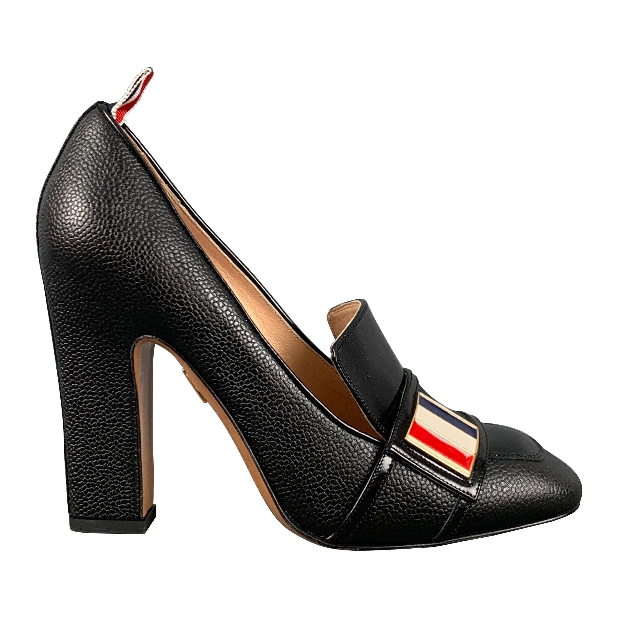 THOM BROWNE Size 8 Black Red & White Leather Mixed Materials Pebble Grain Pumps For Sale