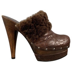 CHRISTIAN DIOR Size 8 Brown Leather Waffle Shearling Clog Pumps