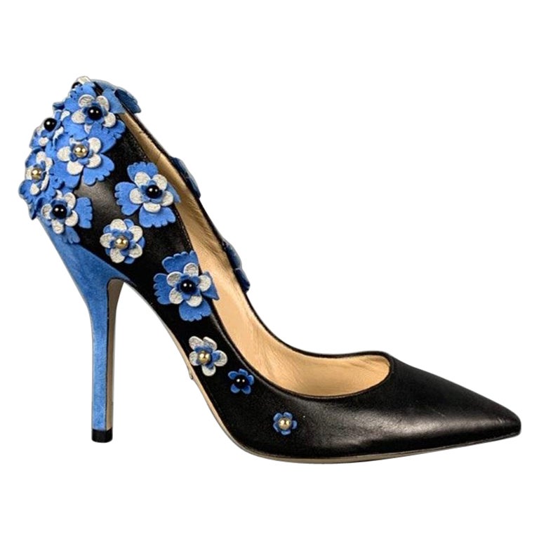 PAUL ANDREW Taille 7 Escarpins en cuir noir et bleu avec appliques florales en vente
