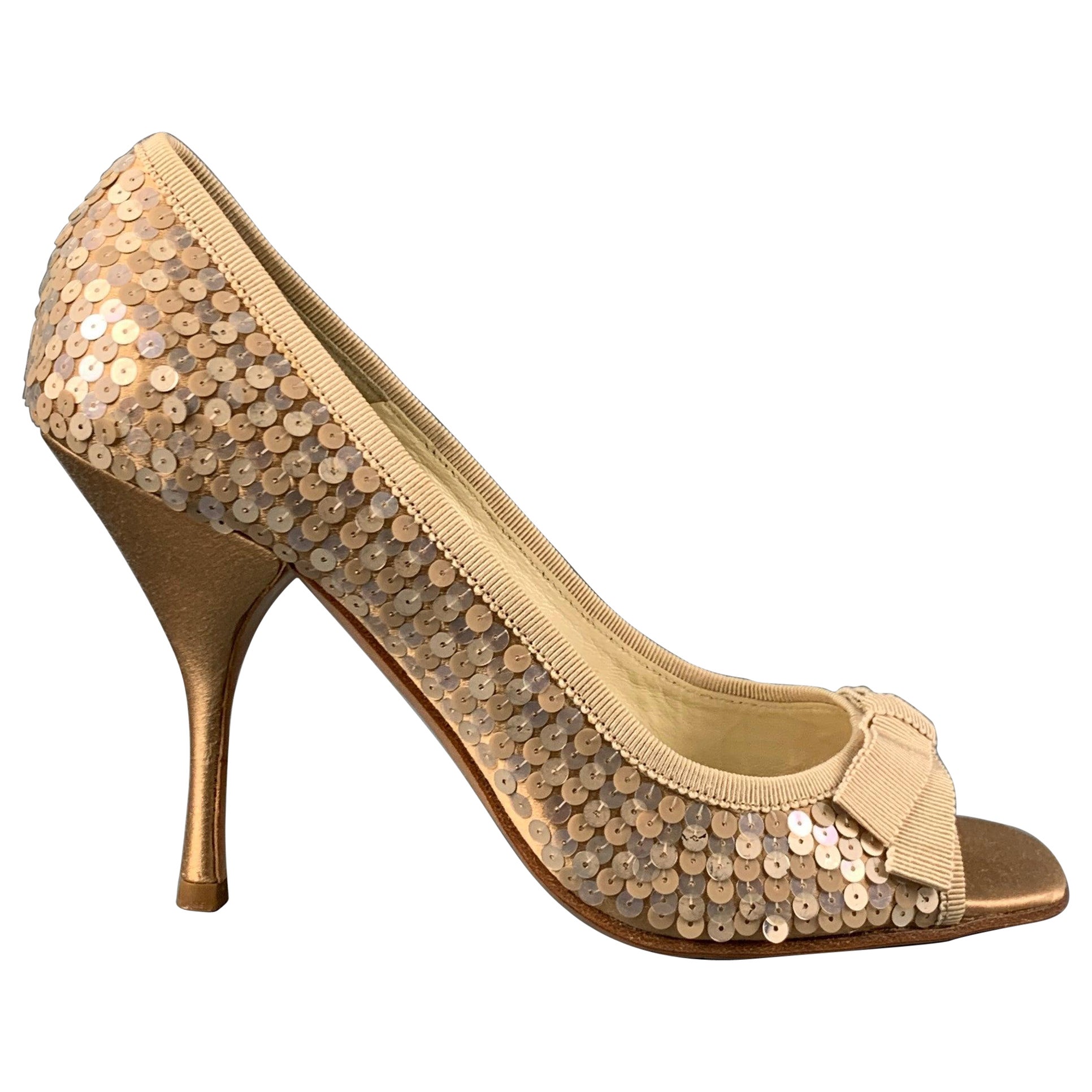 PRADA Size 6.5 Taupe Silk Sequined Peep Toe Pumps For Sale