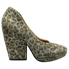 DRIES VAN NOTEN Size 8.5 Moss Brown Suede Animal Print Platform Pumps