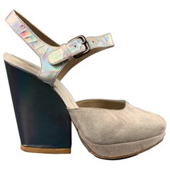 DRIES VAN NOTEN Size 5.5 Iridescent Grey Suede Platform Pumps