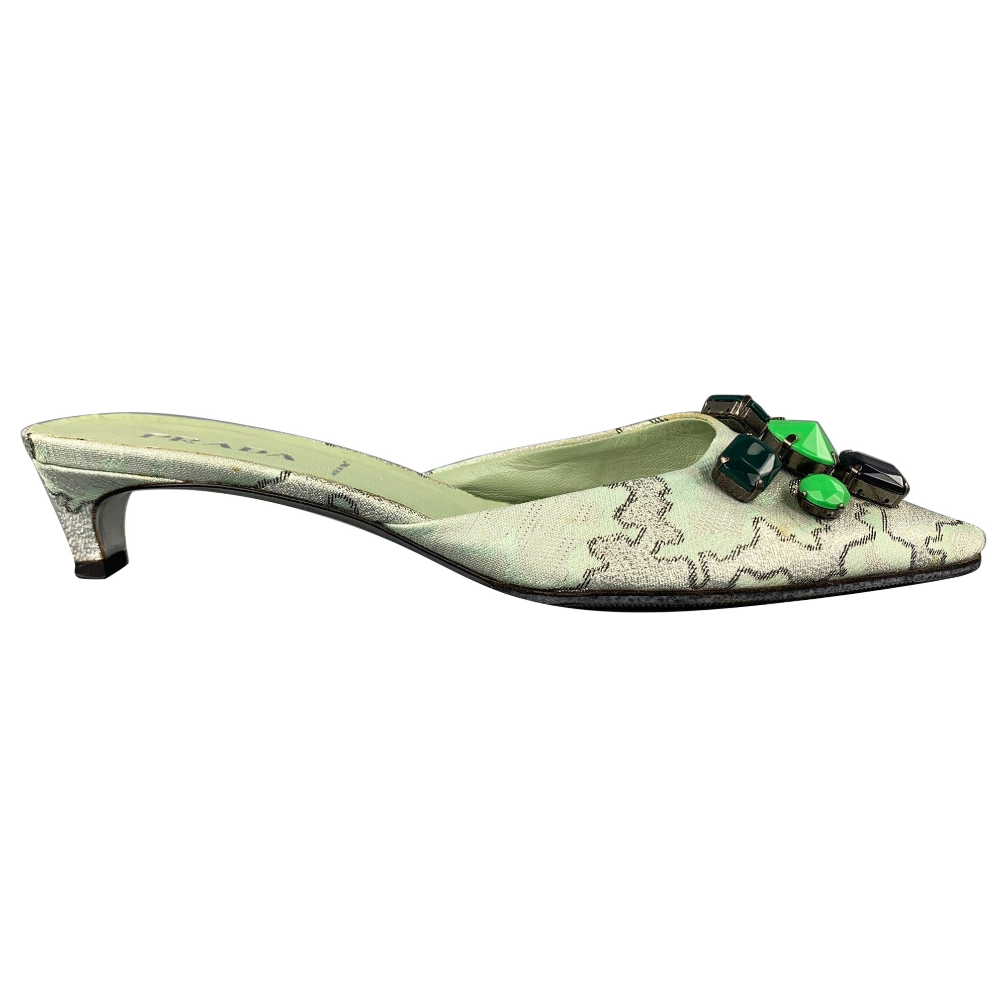 PRADA Size 8.5 Green Embellishments Silk Kitten Heel Pumps For Sale