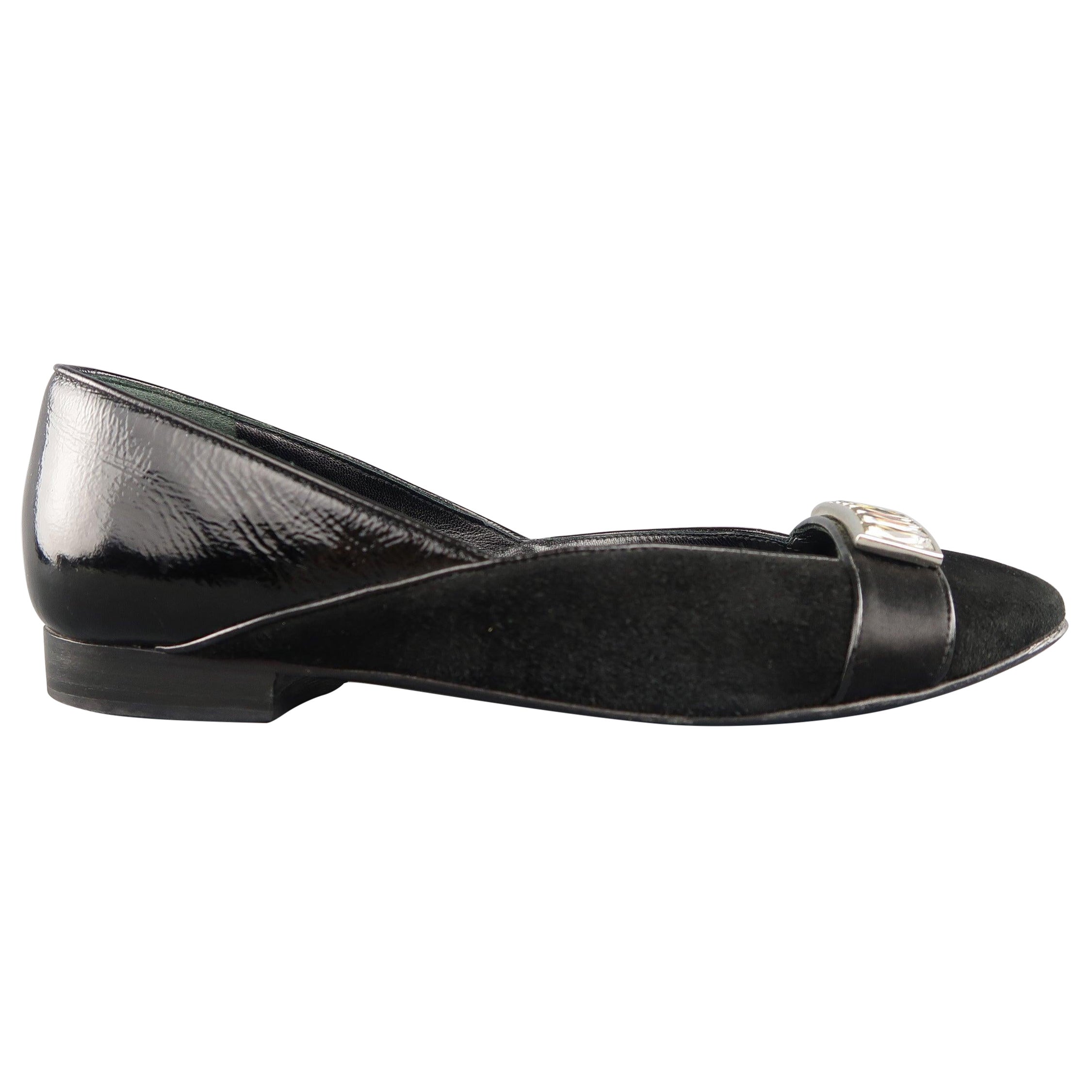 JUDITH LEIBER Size 5 Black Suede & Patent Leather Rhinestone Flats For Sale