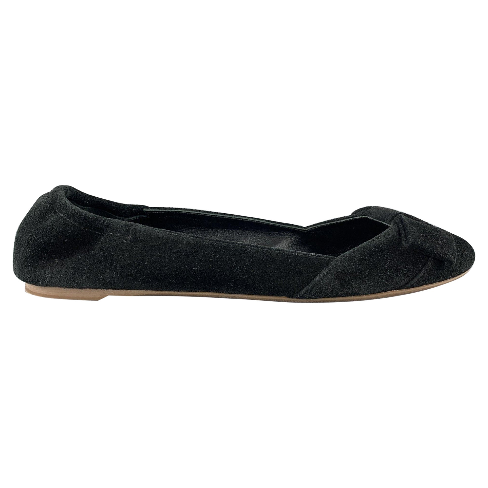 RALPH LAUREN COLLECTION Size 7 Black Suede Bow Flats For Sale