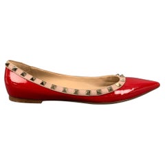VALENTINO Taille 10 Rouge Nude Cuir Verni Clouté Ballet Flats