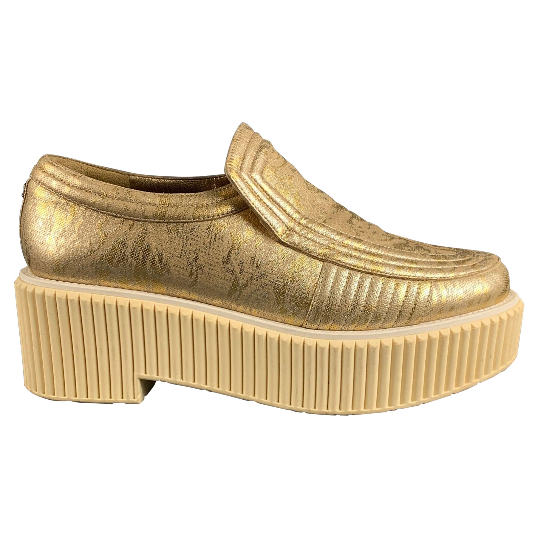 CHANEL Size 9 Gold Fabric Platform Flats For Sale