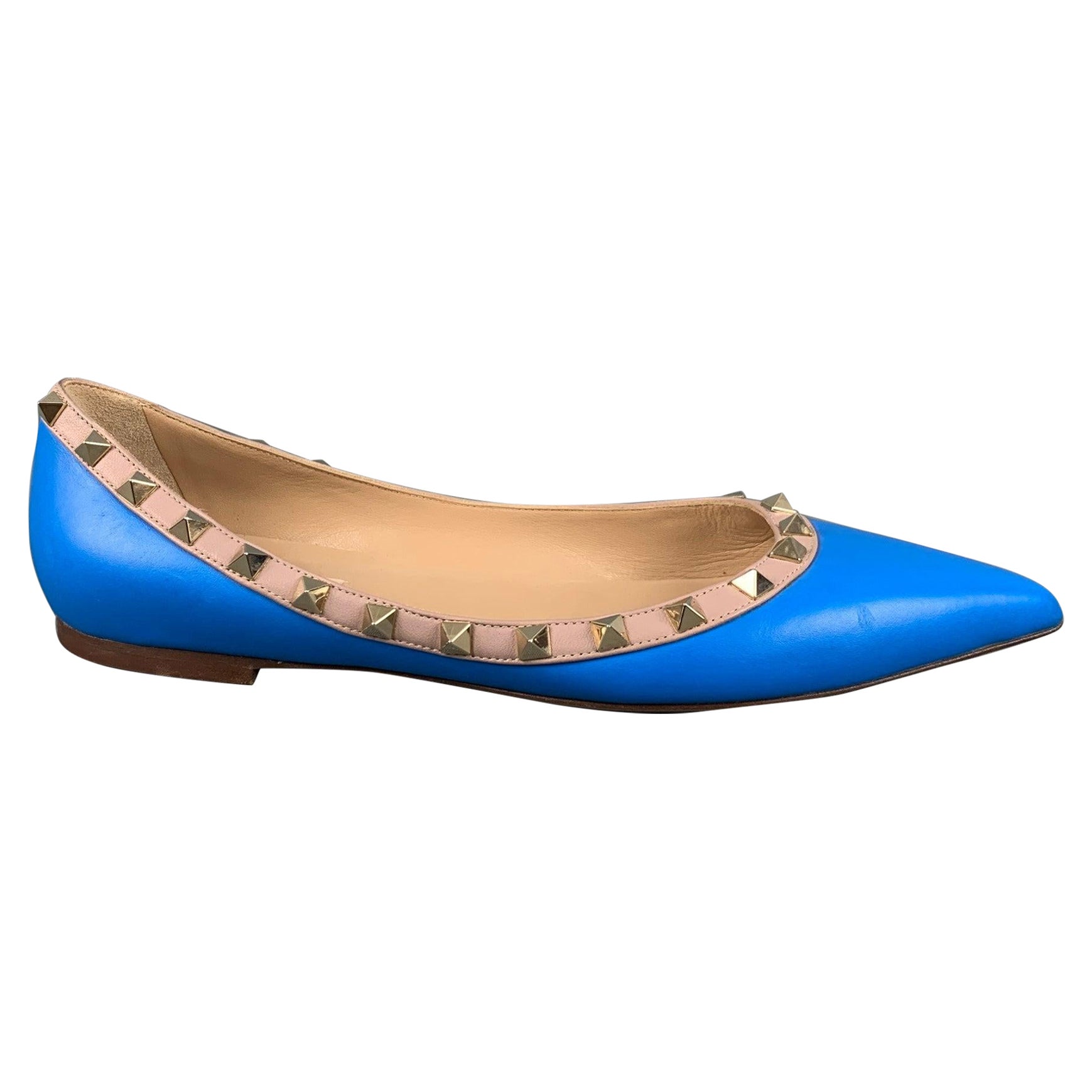 VALENTINO Size 10 Blue Nude Leather Contrast trim Flats For Sale