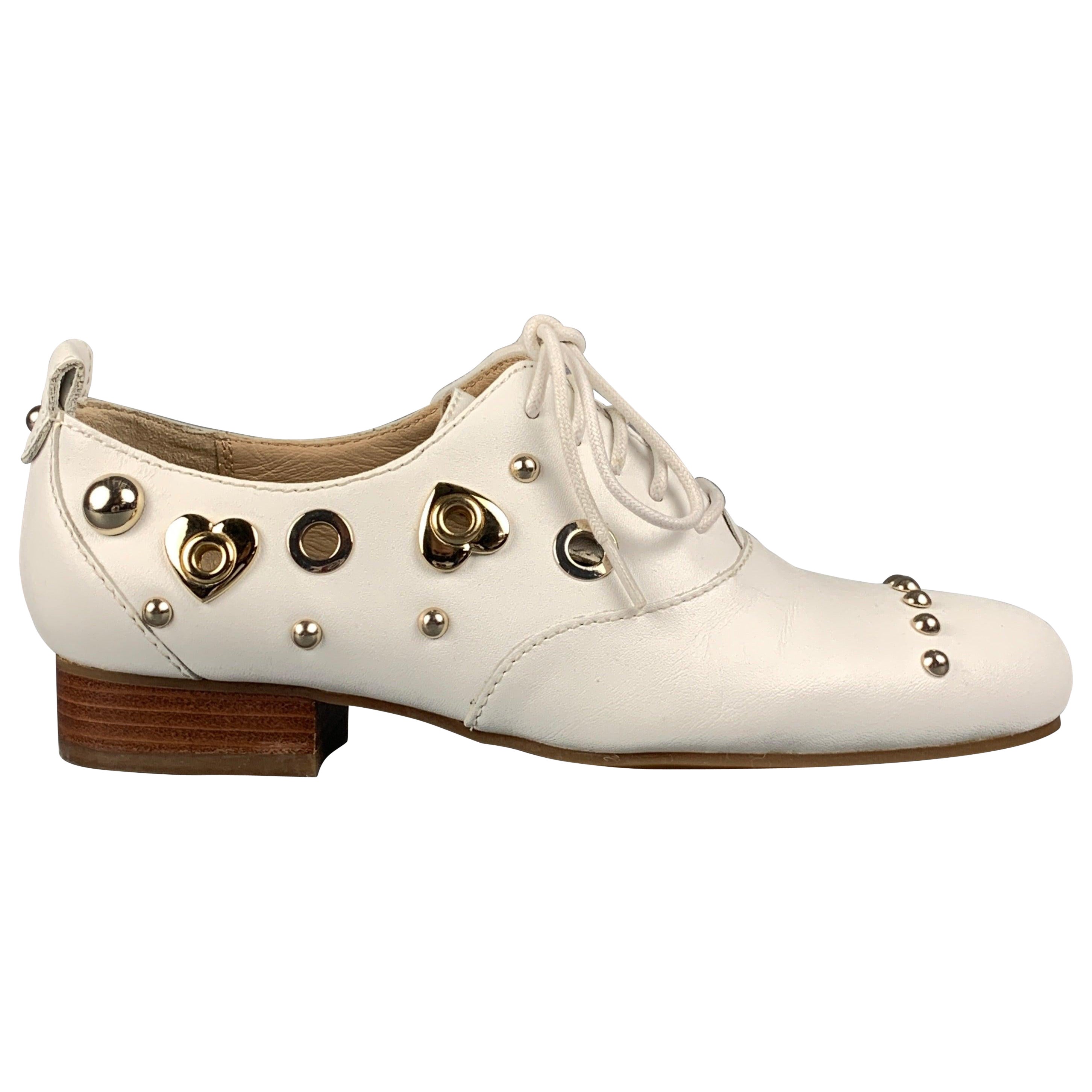 LOVE MOSCHINO Size 5.5 White Leather Studded Flats For Sale