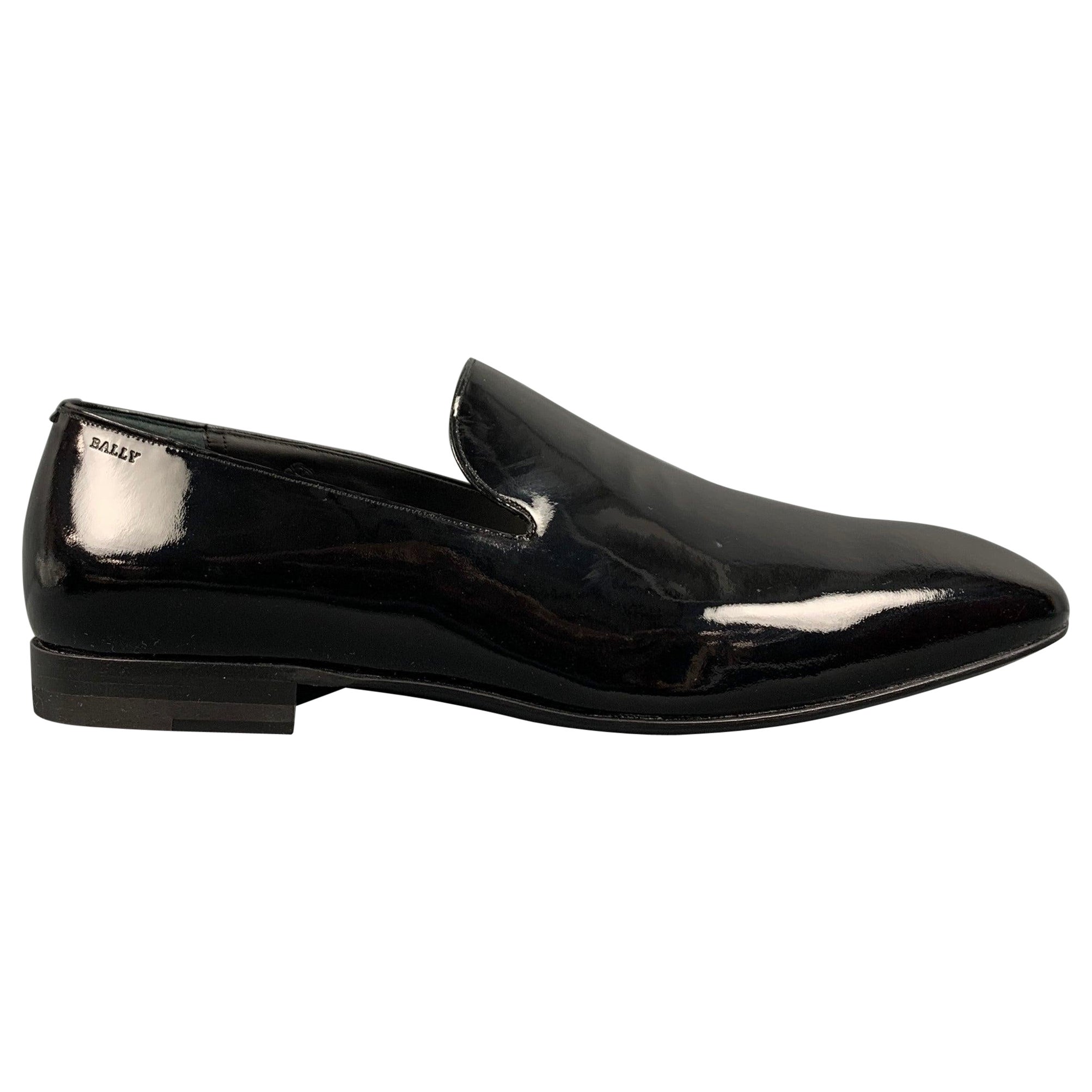 BALLY Size 7.5 Black Patent Leather Slip On Loafers For Sale