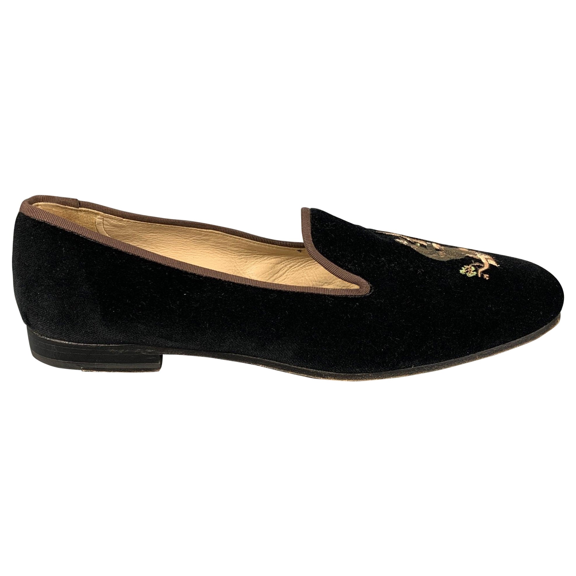 STUBBS & WOOTTON Size 10.5 Black Brown Embroidery Velvet Slip On Loafers For Sale
