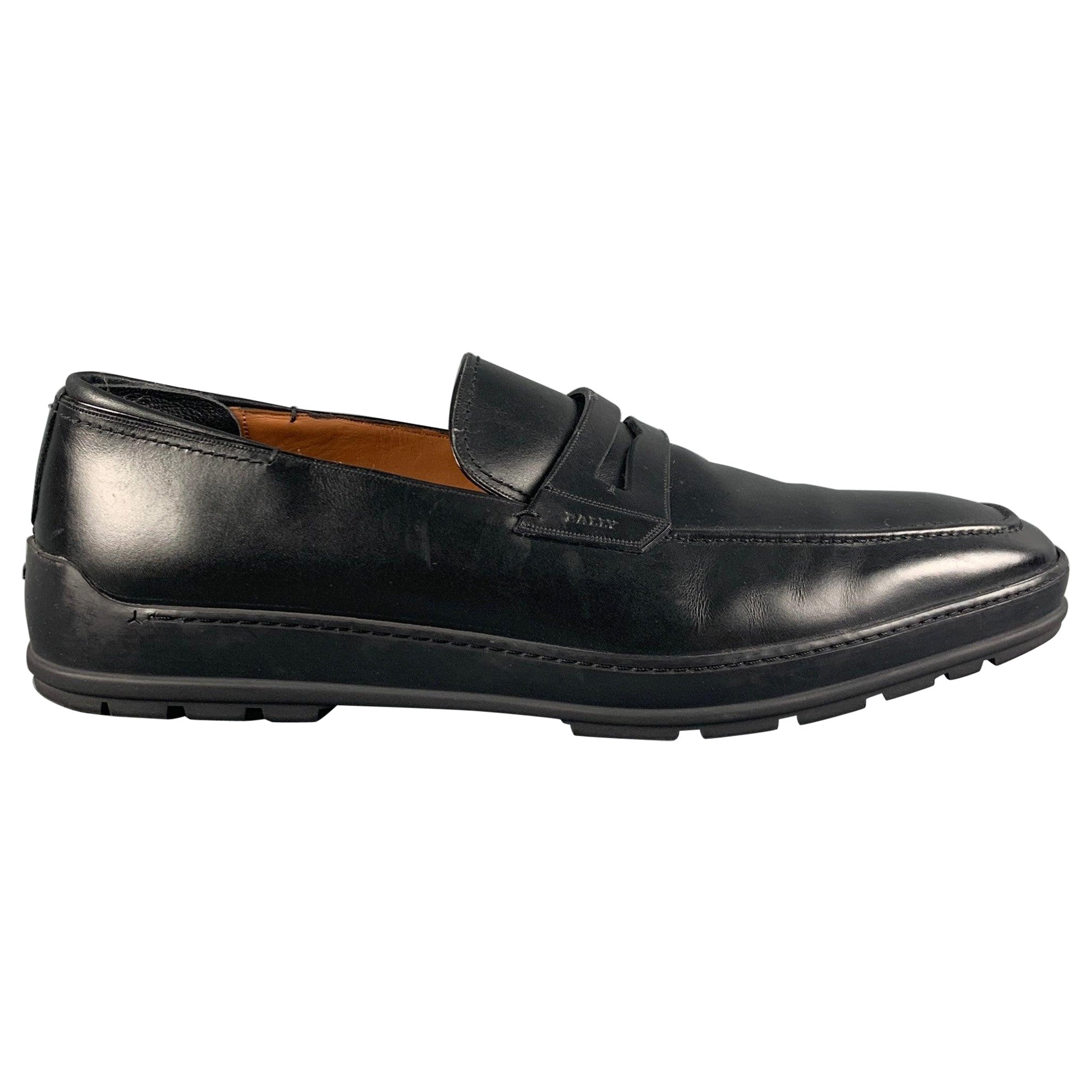 BALLY Size 10 Black Leather Penny Relon Loafers For Sale