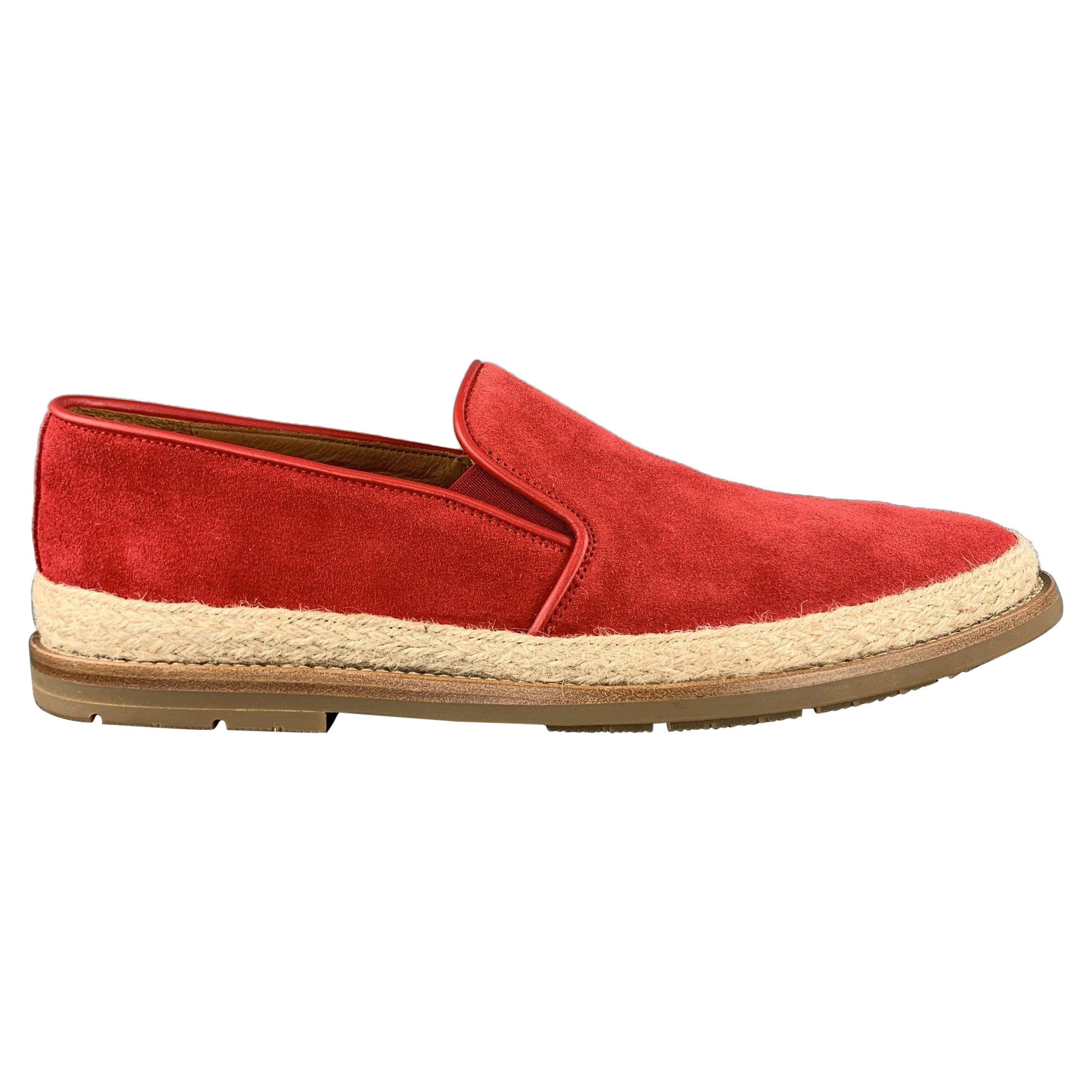 AQUATALIA Size 11 Red Suede Braided Trim Rubber Sole Loafers For Sale