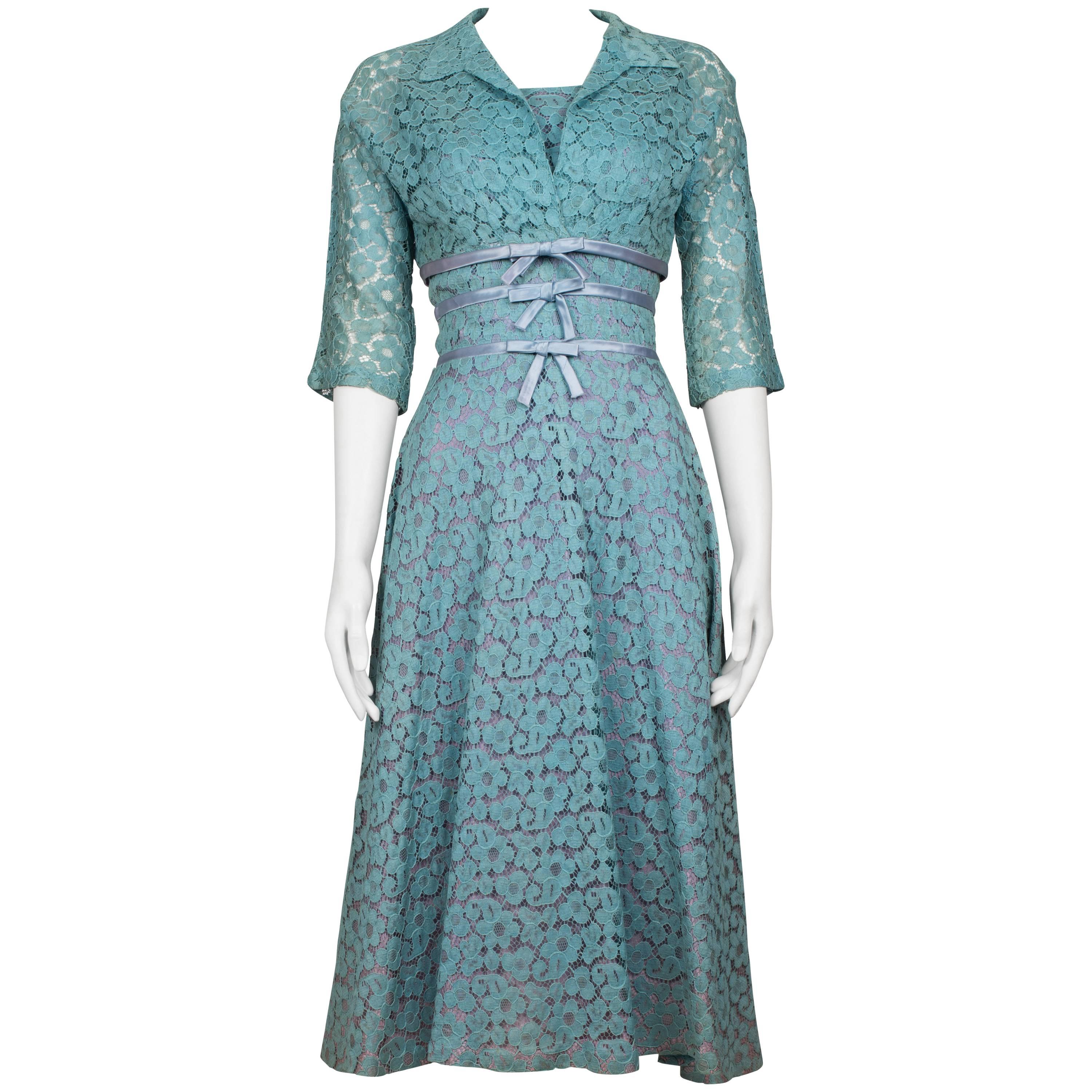 1950s Turquoise Lace and Trim Lilac Satin Trim Dress and Bolero For Sale
