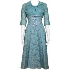 1950s Turquoise Lace and Trim Lilac Satin Trim Dress and Bolero