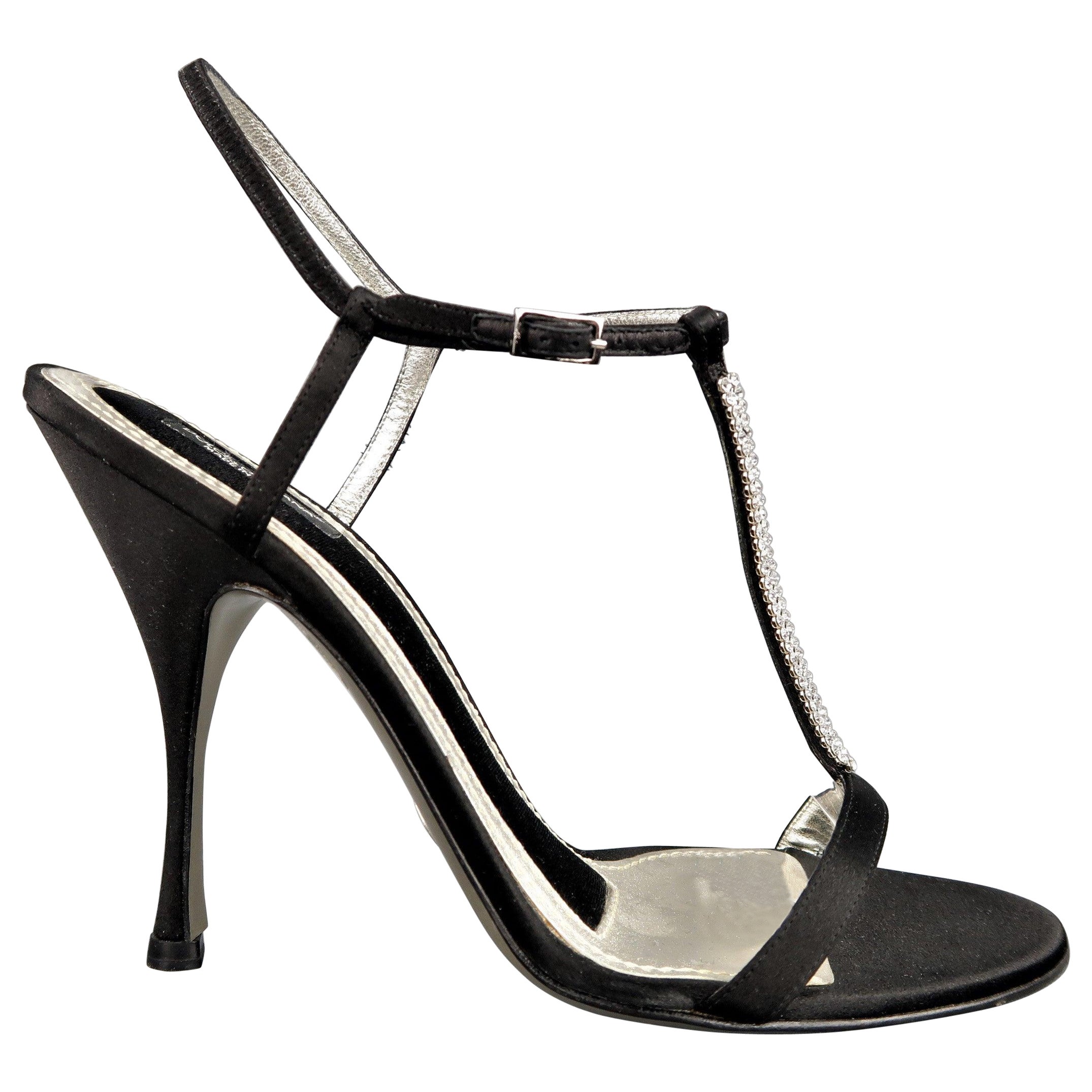 DOLCE & GABBANA 10 Black Silk & Leather Rhinestone T Strap Ankle Harness Sandals For Sale