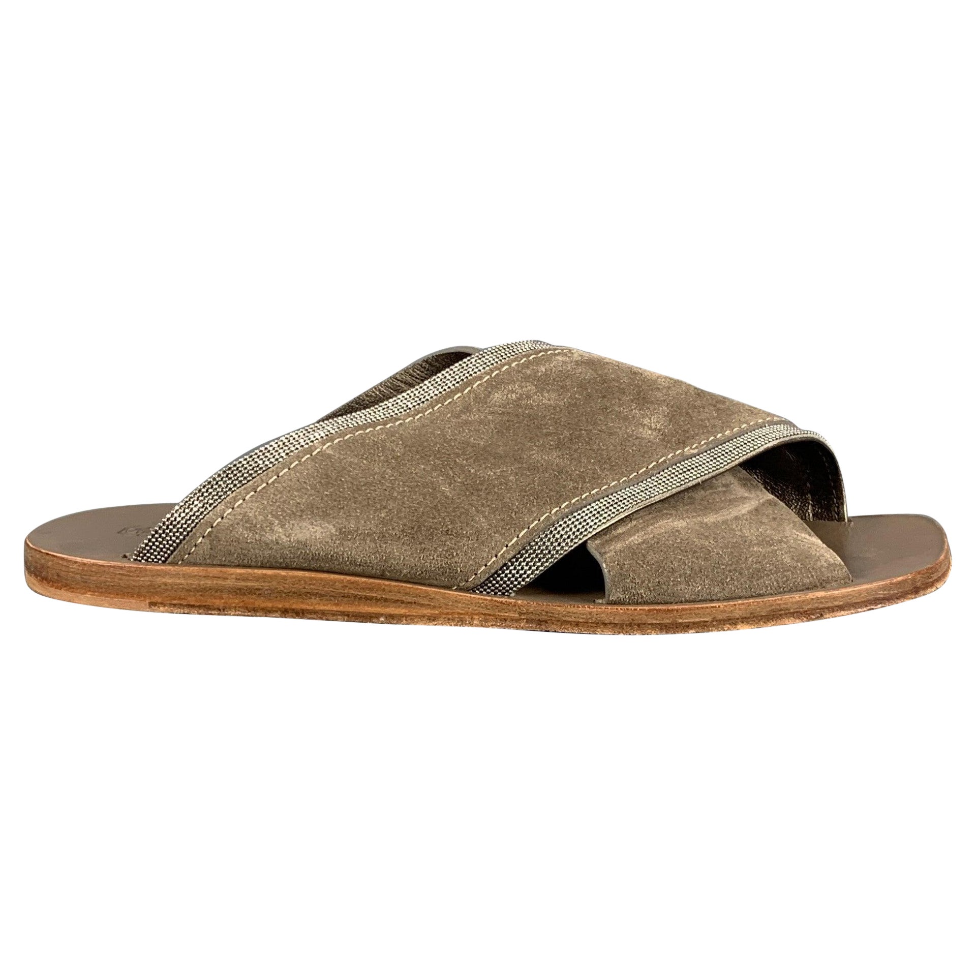 BRUNELLO CUCINELLI Size 8 Grey Sage Suede Slip On Sandals For Sale
