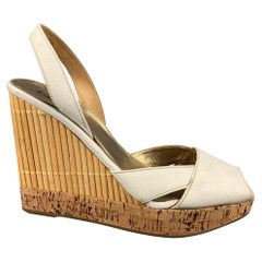 Used PRADA Size 6 Cream Beige Bamboo Leather Slingback Sandals