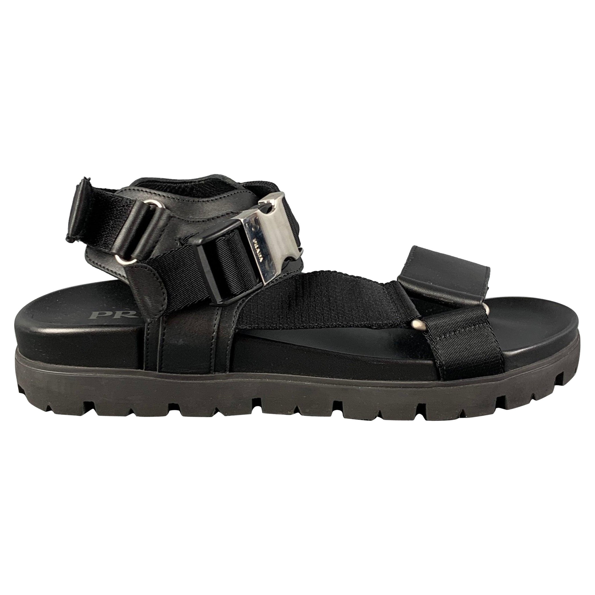 PRADA Size 8 Black Leather Belted Buckle Sandals For Sale