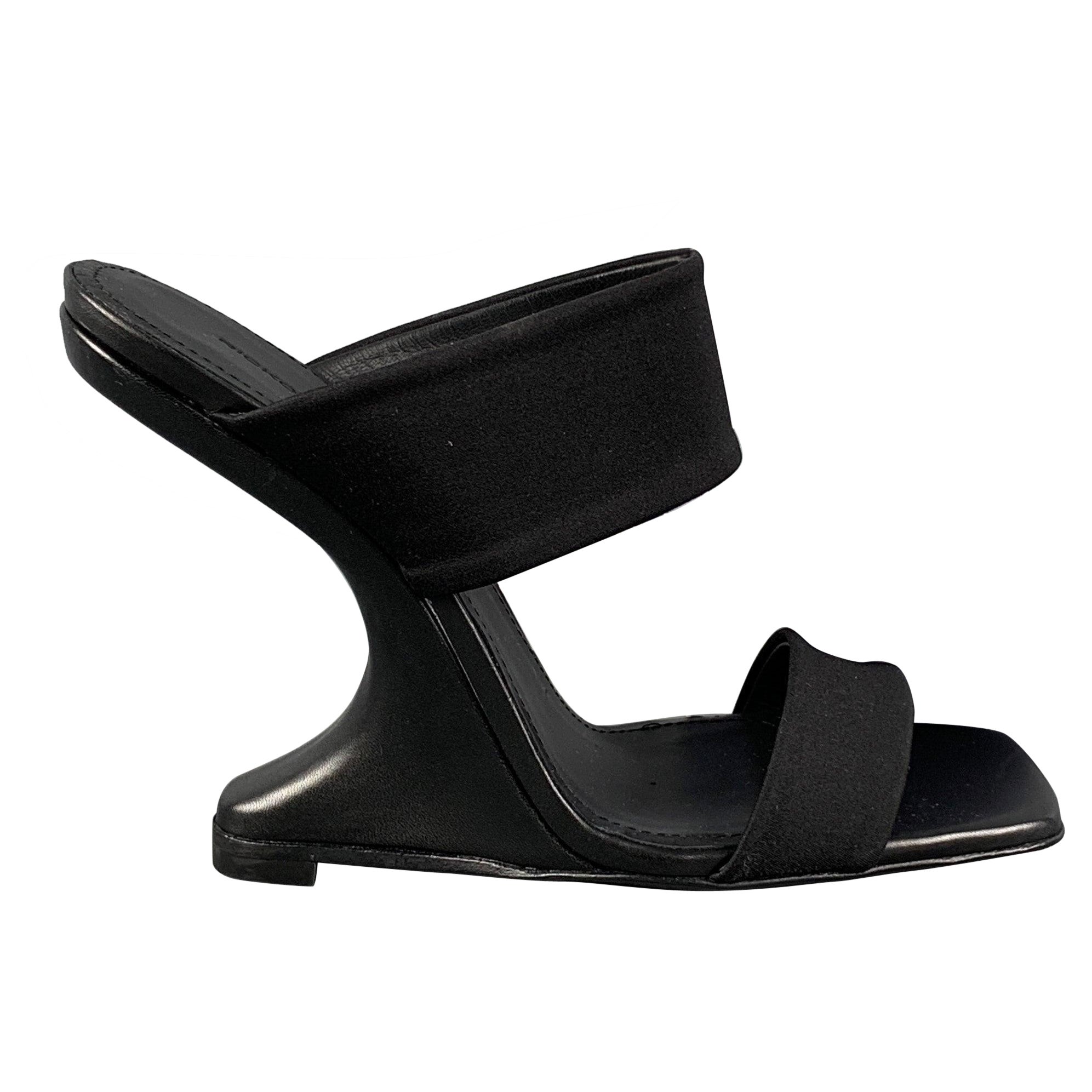RICK OWENS Size 7 Black Nylon Curved Wedge Sandals For Sale