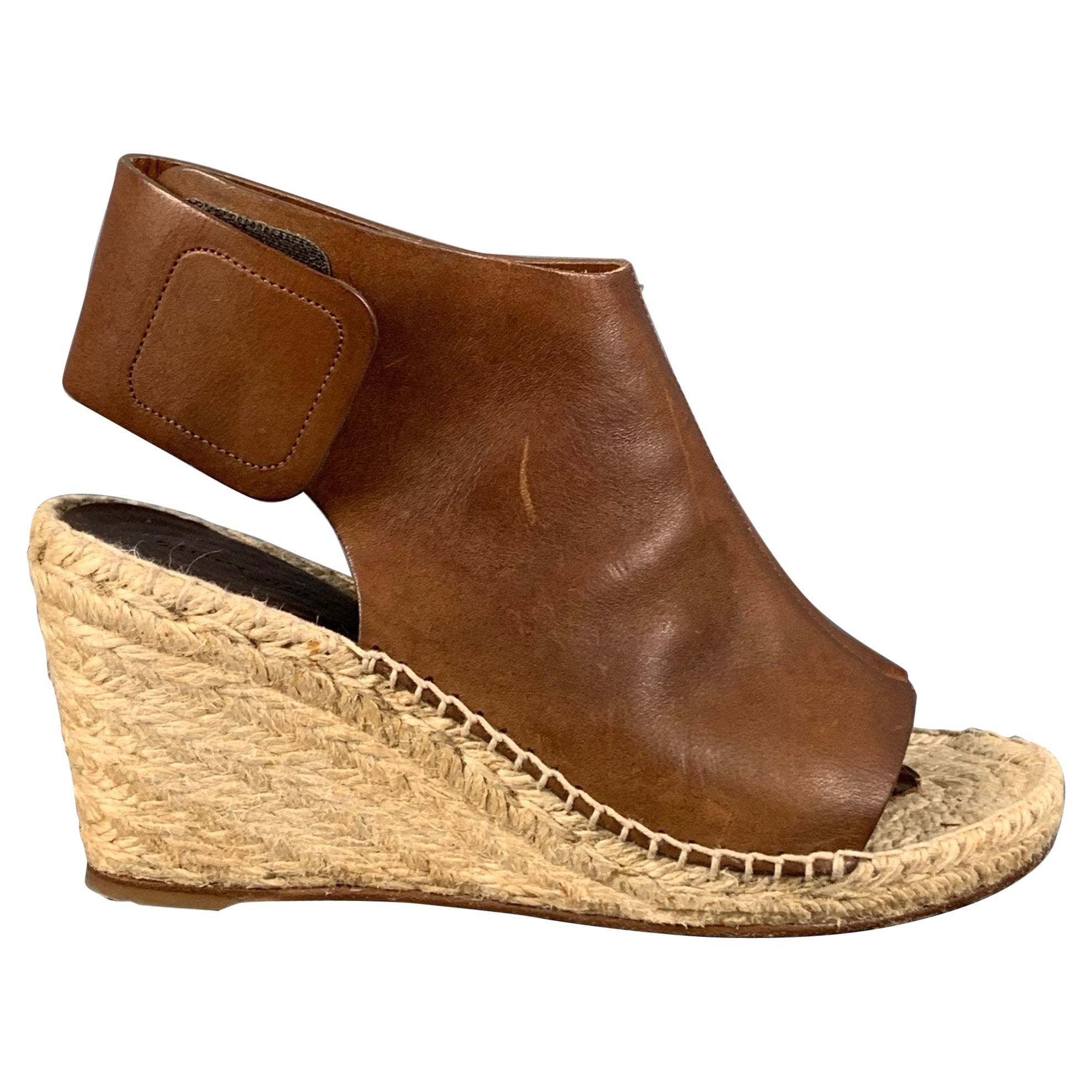 CELINE Size 7 Tan Natural Leather Mixed Materials Espadrille Sandals For Sale