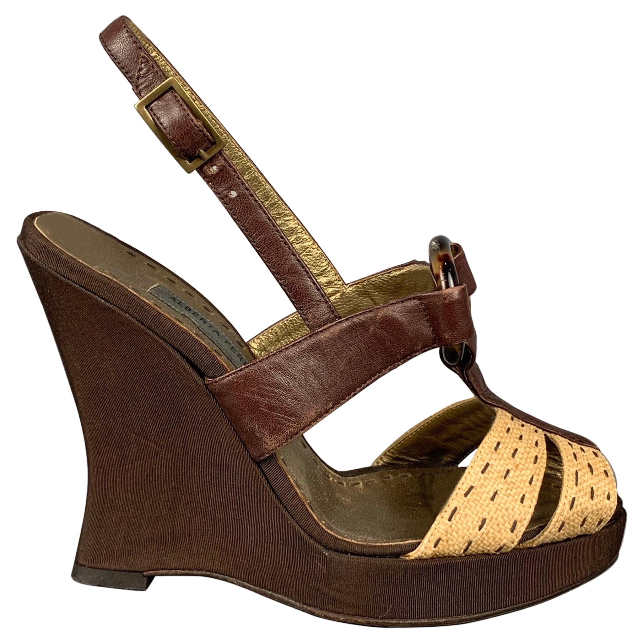 ALBERTA FERRETTI Size 6.5 Brown & Beige Silk Leather Wedge Sandals For Sale