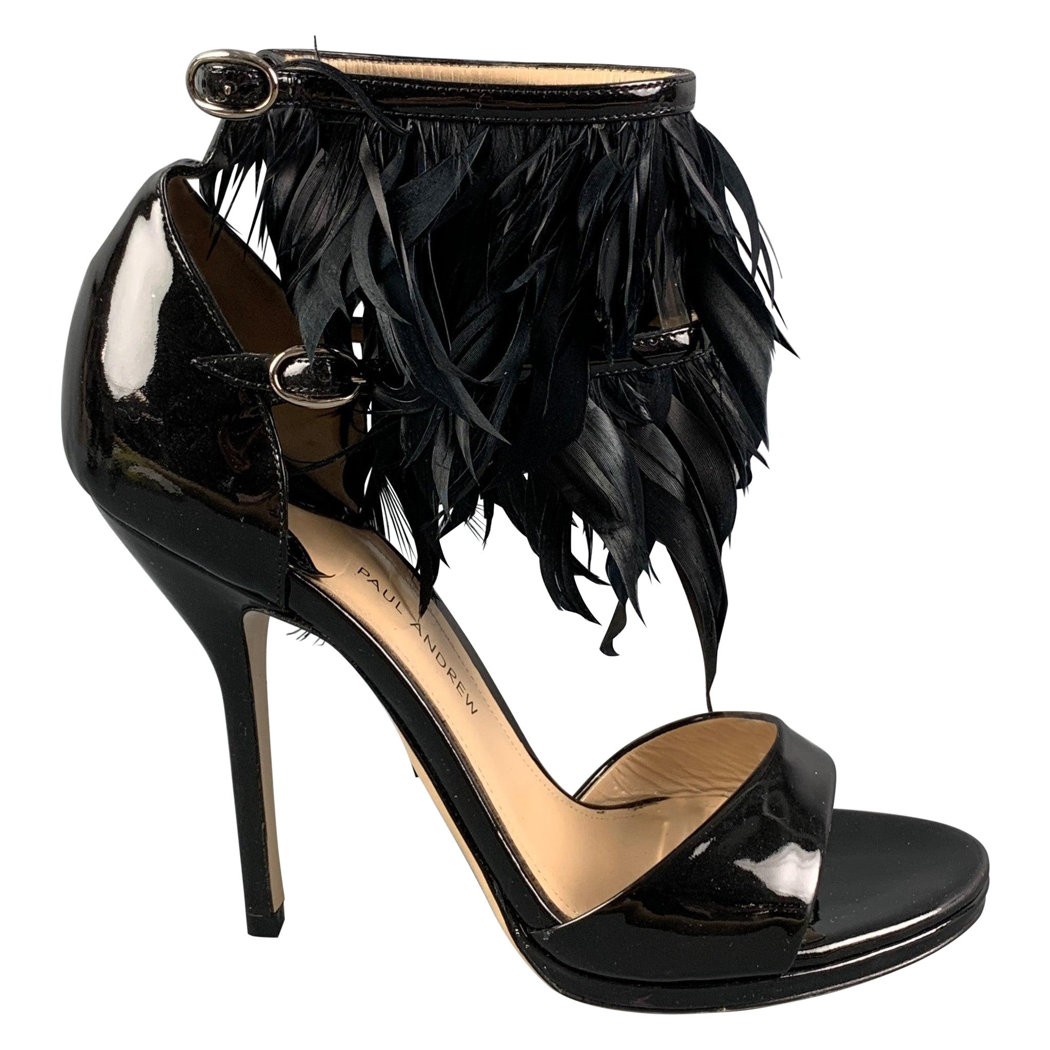 PAUL ANDREW Size 6 Black Patent Leather Ankle Strap Sandals For Sale