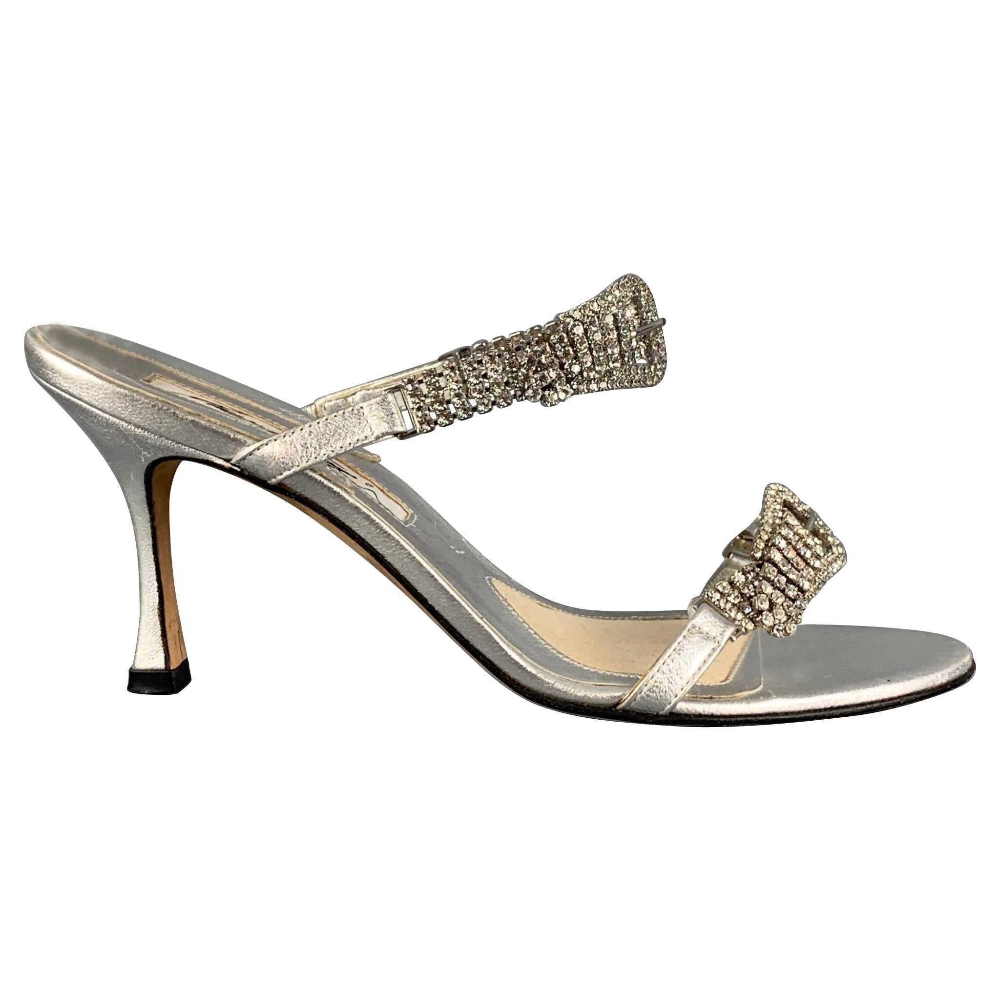 BRIAN ATWOOD Size 6 Silver Leather Rhinestone Strappy Sandals For Sale
