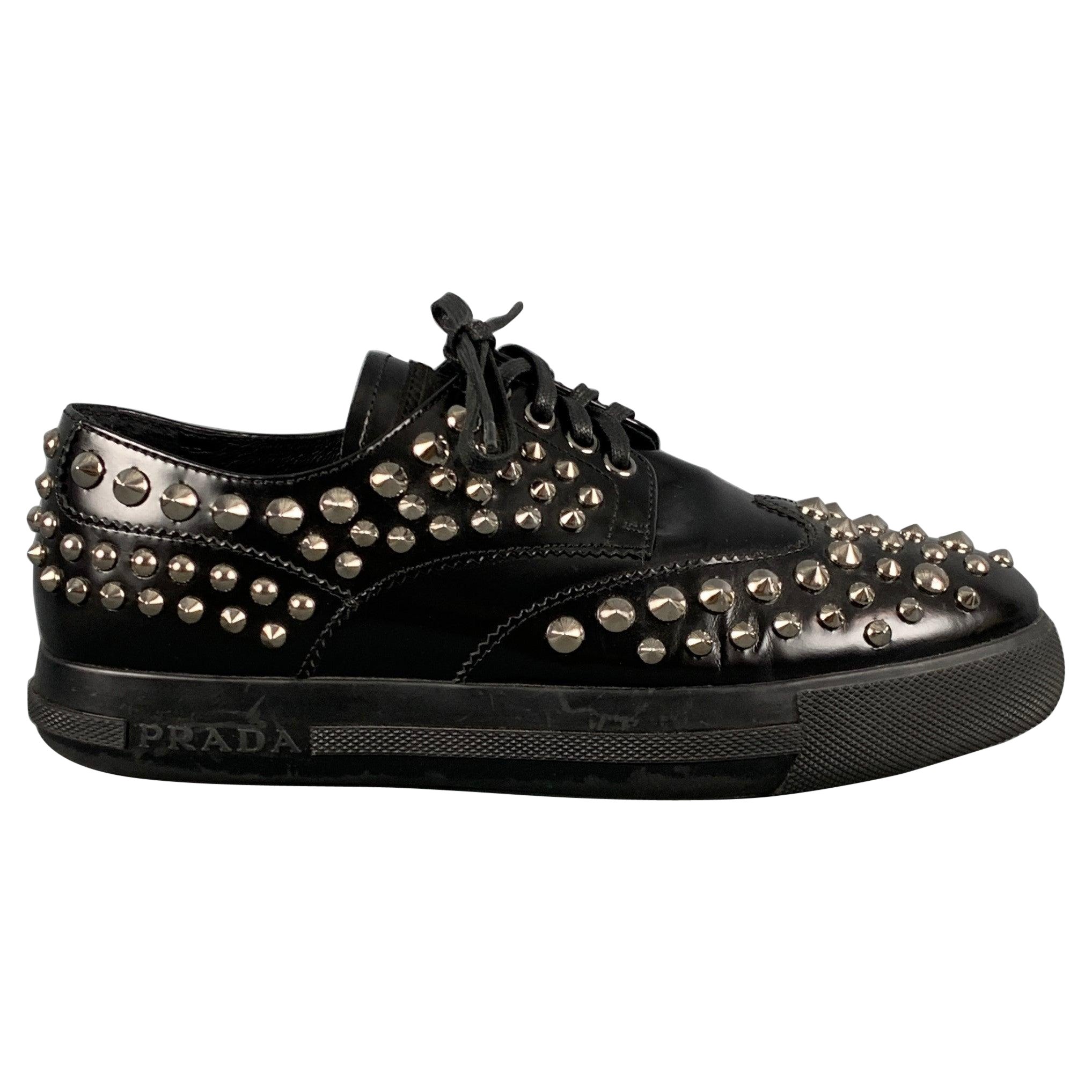 PRADA Size 7.5 Black Leather Studded Lace Up Laces For Sale