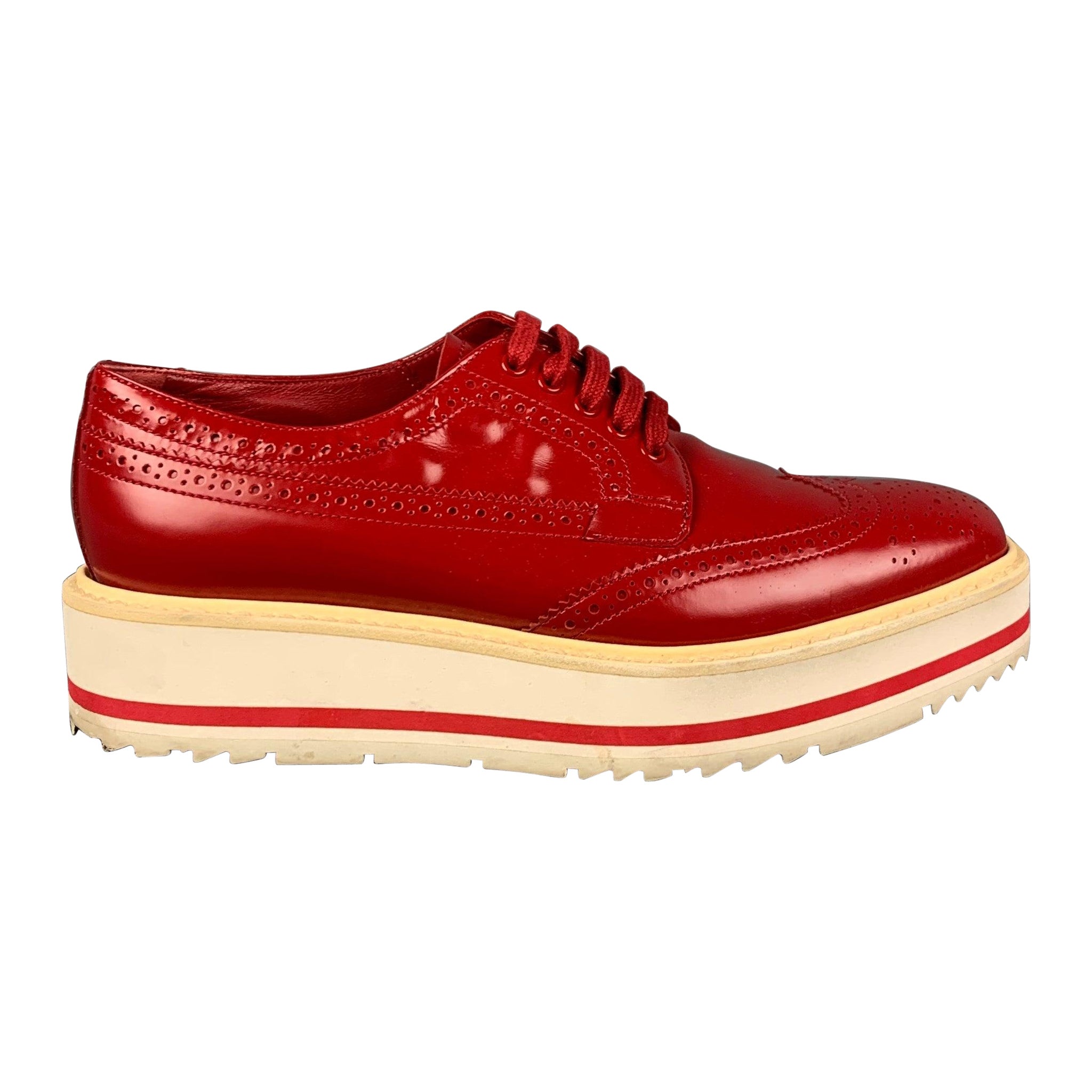PRADA Size 6 Red White Leather Perforated Wingtip Shoes For Sale