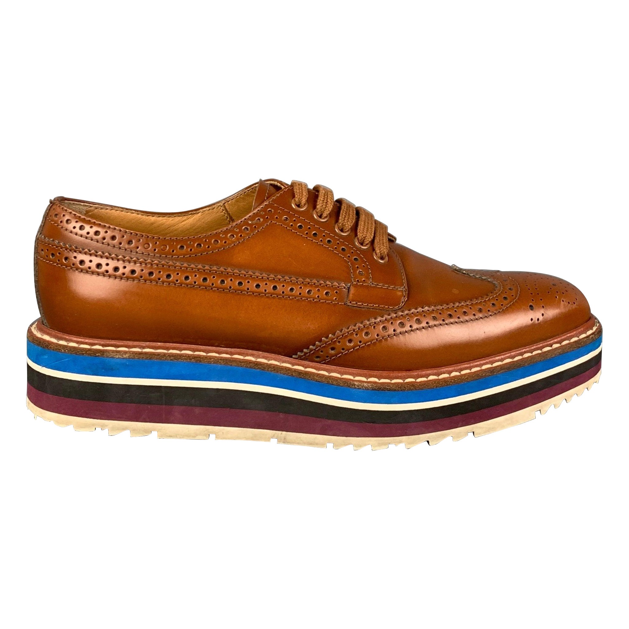 PRADA Size 6.5 Tan Leather Perforated Wingtip Shoes For Sale