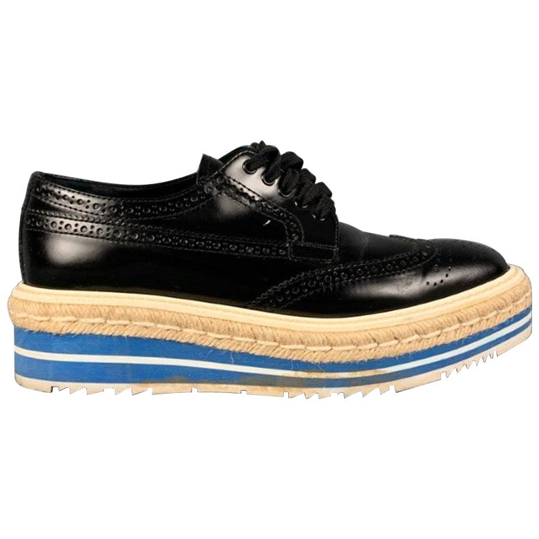 PRADA Size 6.5 Black White Blue Perforated Wingtip Shoes For Sale