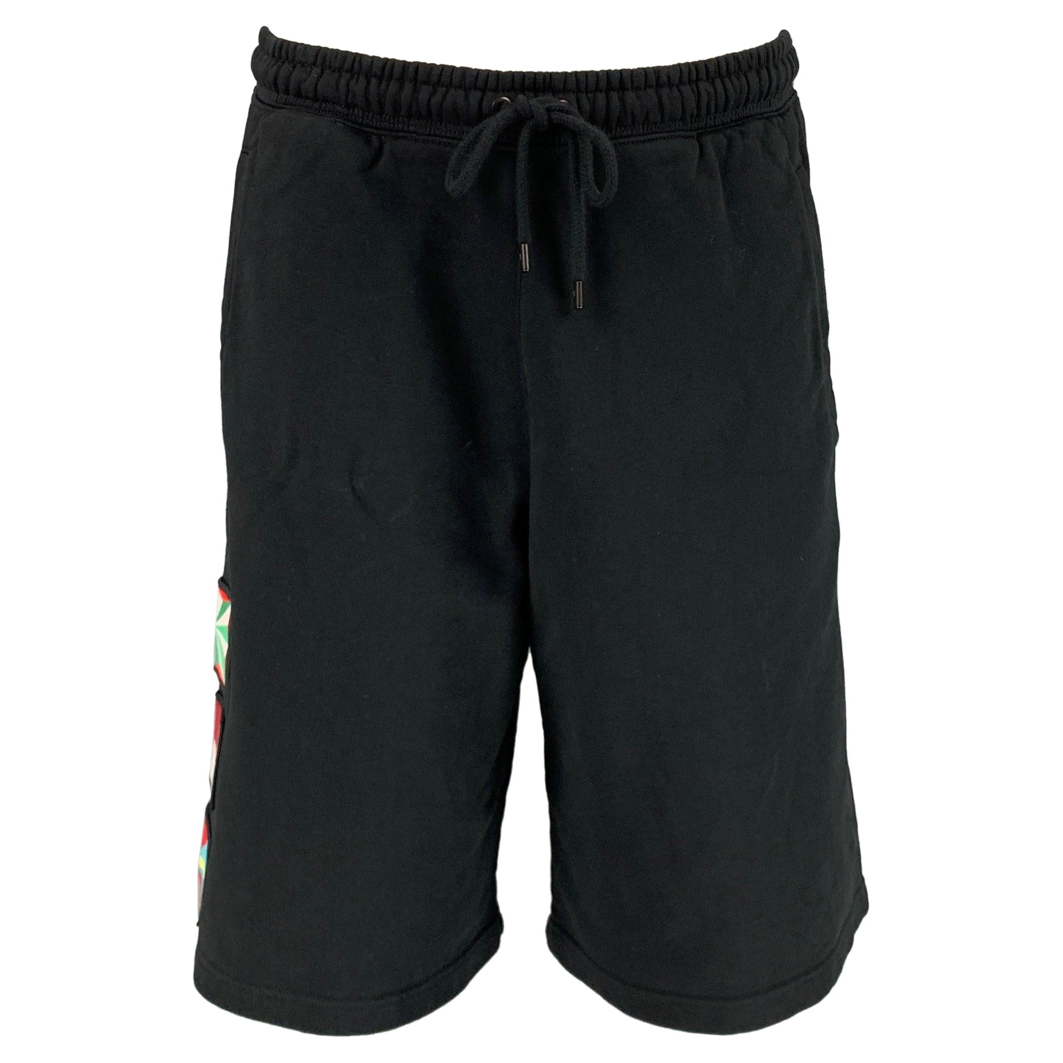 MARCELO BURLON Size S Black Multi-Color Applique Cotton Drawstring Shorts For Sale