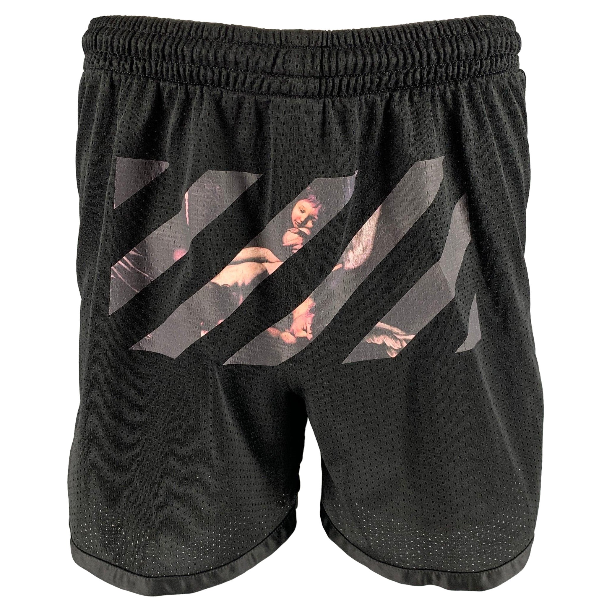OFF-WHITE Size L Black Mesh Polyester Elastic Waistband Shorts For Sale