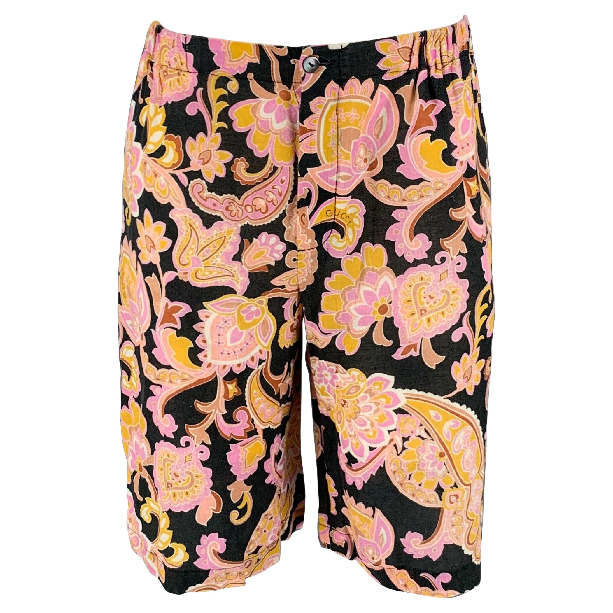 GUCCI Size 32 Purple Yellow Floral Cotton Flat Front Shorts For Sale