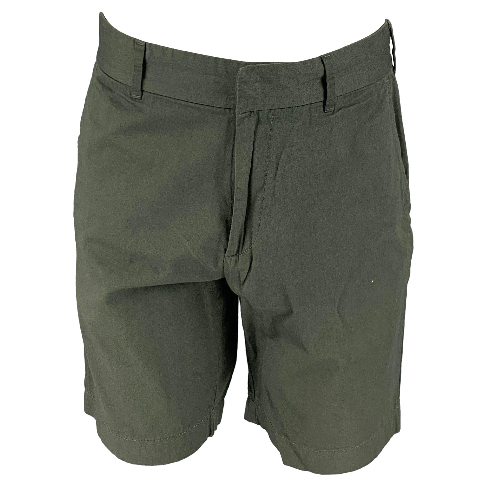 TOMAS MAIER Size 34 Olive Solid Cotton Zip Fly Shorts For Sale