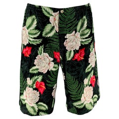 GUCCI Size 34 Green Black Floral Viscose Silk Joggers Shorts
