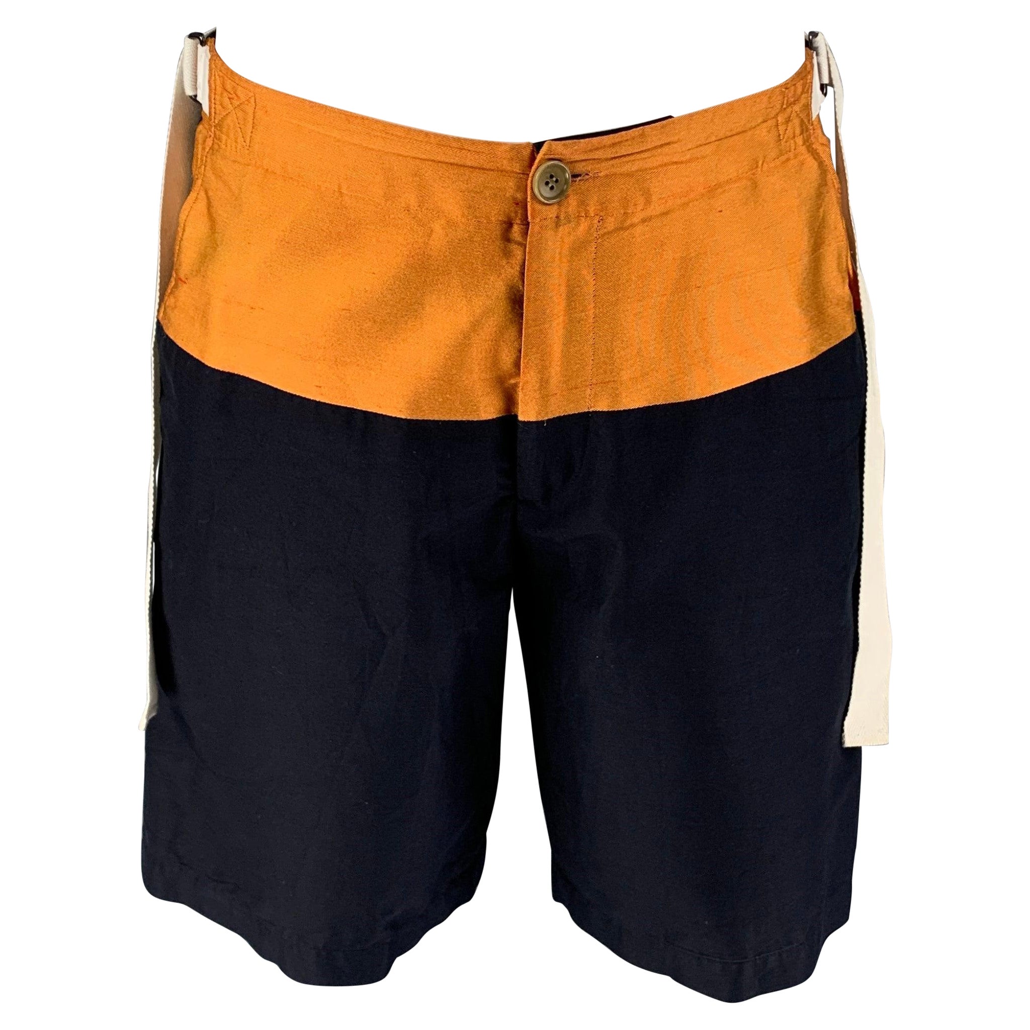 DRIES VAN NOTEN Size 32 Navy Gold Color Block Cotton Drawstring Shorts For Sale